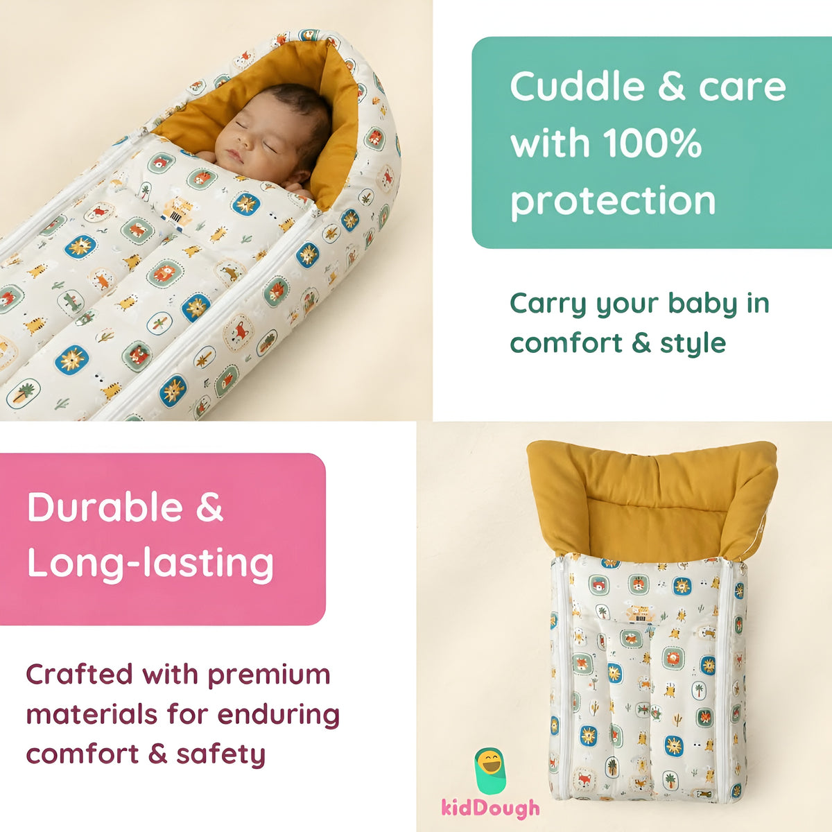 Kiddough Sleeping Bag for Infant | Soft Breathable 100% Cotton Baby Carrier for New Born/Foldable & Washable Unisex Baby Sleeping Bag (Off-White) 0 Months- 12 Months