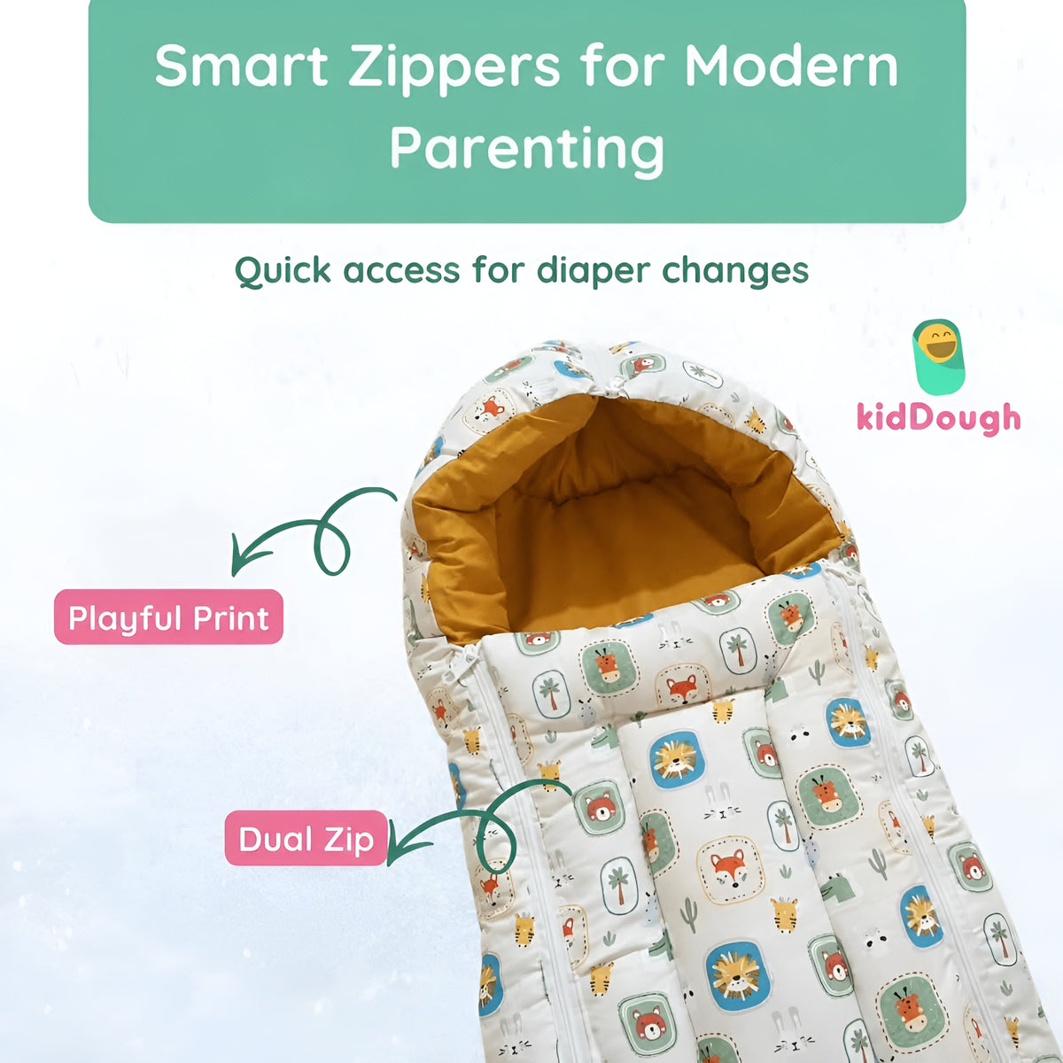 Kiddough Sleeping Bag for Infant | Soft Breathable 100% Cotton Baby Carrier for New Born/Foldable & Washable Unisex Baby Sleeping Bag (Off-White) 0 Months- 12 Months