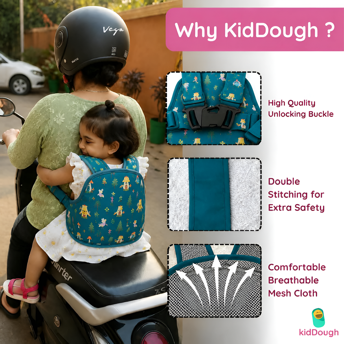 Kiddough Baby Safety Belt for Kids | Two Wheeler Bike/Scooty Belt for Kids Safety, Child Harness Safety Belt with Adjustable Baby Carrier for Toddlers & Baby (Printed Green)