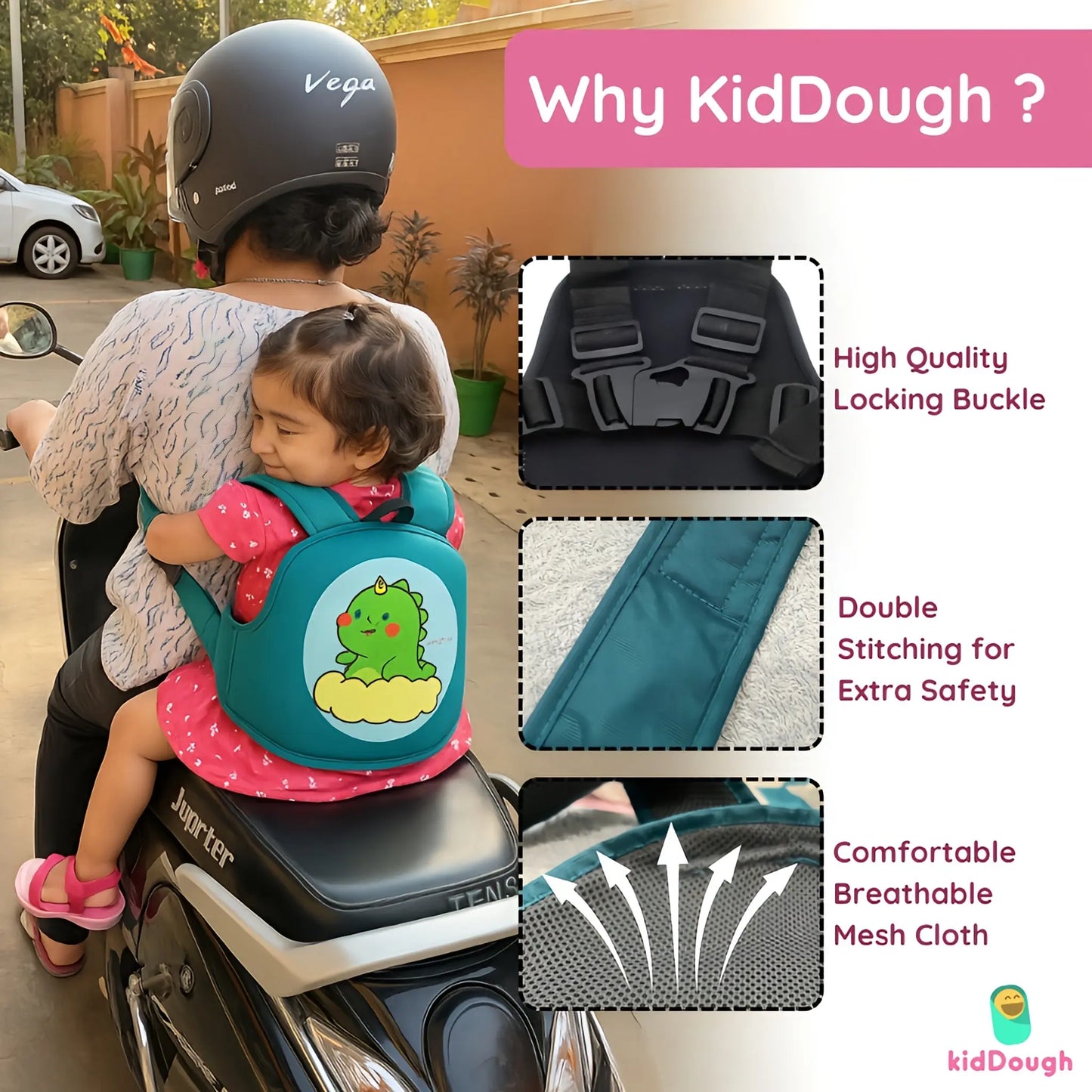 Kiddough Baby Safety Belt for Kids | Two Wheeler Bike/Scooty Belt for Kids Safety, Child Harness Safety Belt with Adjustable Baby Carrier for Toddlers & Baby (Cartoon Green)