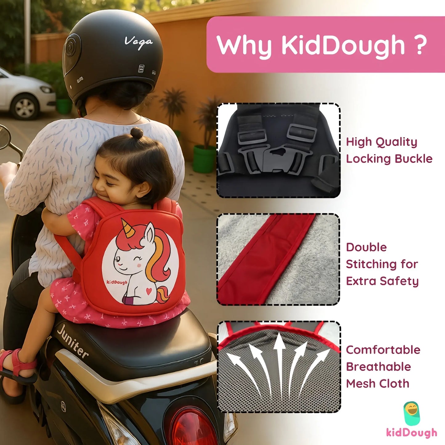 Kiddough Baby Safety Belt for Kids | Two Wheeler Bike/Scooty Belt for Kids Safety, Child Harness Safety Belt with Adjustable Baby Carrier for Toddlers & Baby (Cartoon Red)