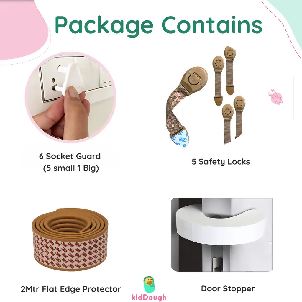 Kiddough Baby Proofing Kit with 2M Edge Protector, 5 Safety Locks, 6 Socket Guards, 2 Door Guards, Wooden