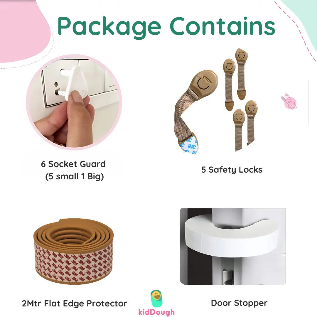 Kiddough Baby Proofing Kit with 2M Edge Protector, 5 Safety Locks, 6 Socket Guards, 2 Door Guards, Wooden