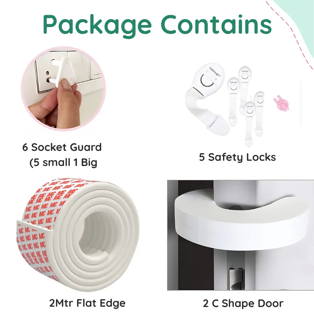 Kiddough Baby Proofing Kit with 2M Edge Protector, 5 Safety Locks, 6 Socket Guards, 2 Door Guards, White