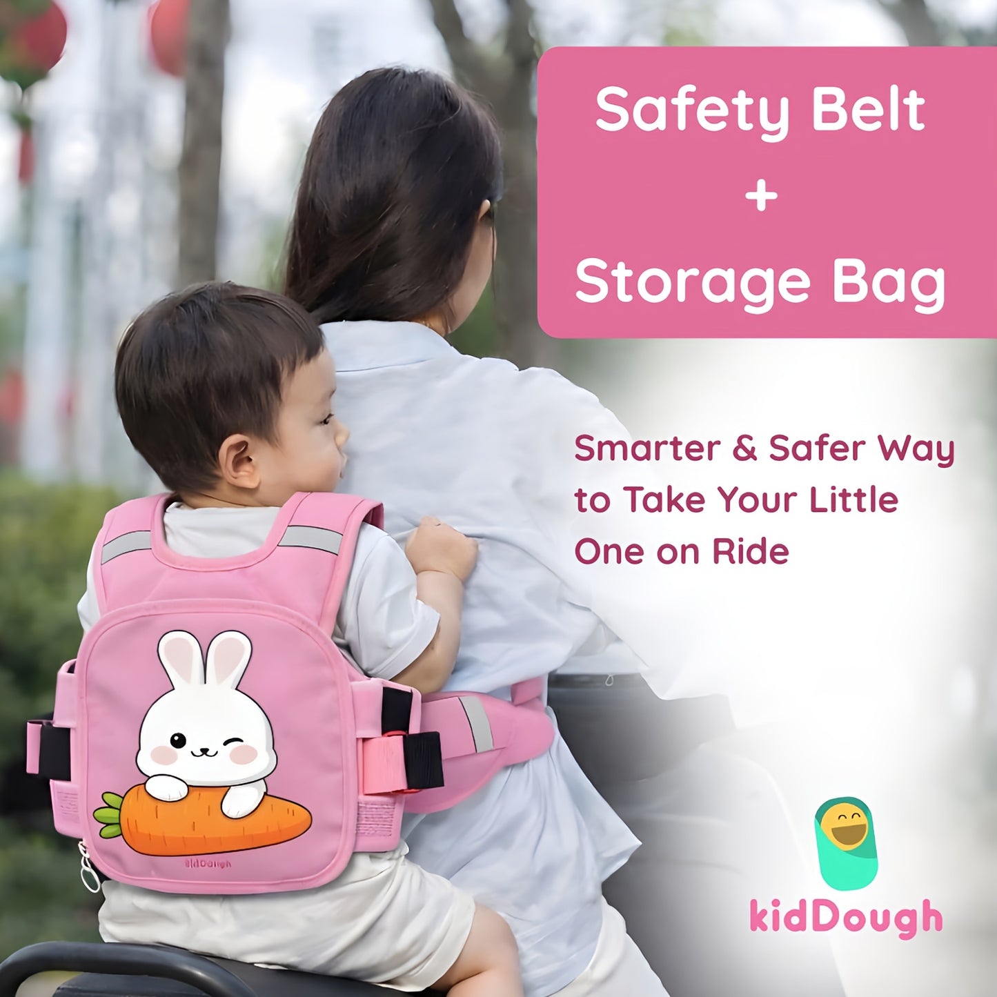 KidDough Baby Safety Belt for Two Wheeler Bike/Scooty | Harness Safety Belt for Kids Safety | Strong Buckles with Adjustable Straps and Double Stiching for Extra Safety (With Storage (Pink))