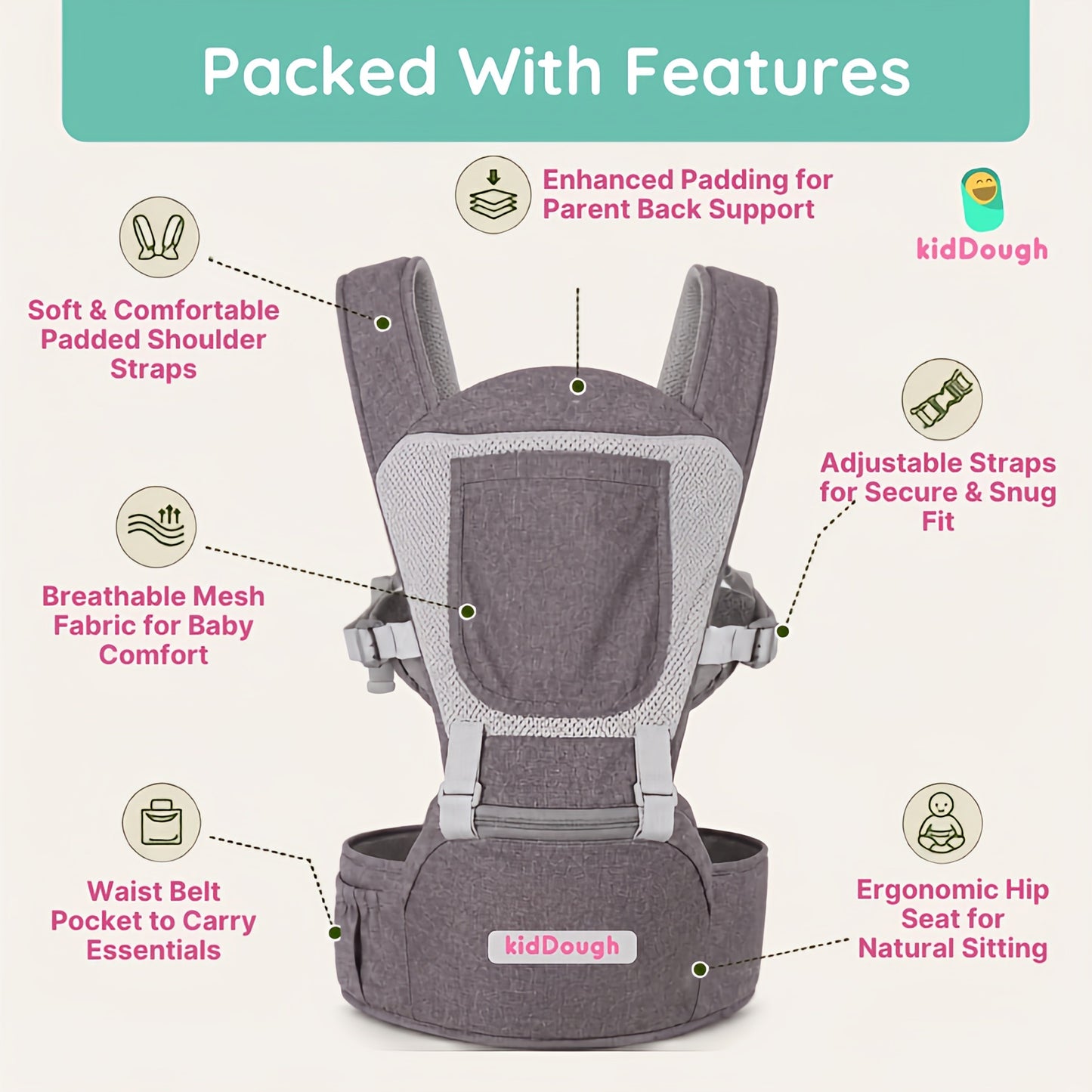 Kiddough Hip Seat Baby Carrier for 0 to 3 yrs with Adjustable Shoulder Straps | Breathable Mesh Fabric | Sling Baby Carrier with Storage Pockets | Adjustable New-Born to Toddler Carrier (Grey)
