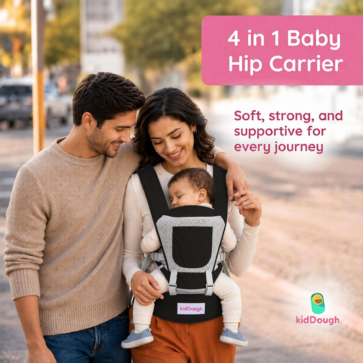 Kiddough Hip Seat Baby Carrier for 0 to 3 yrs with Adjustable Shoulder Straps | Breathable Mesh Fabric | Sling Baby Carrier with Storage Pockets | Adjustable New-Born to Toddler Carrier (Black)