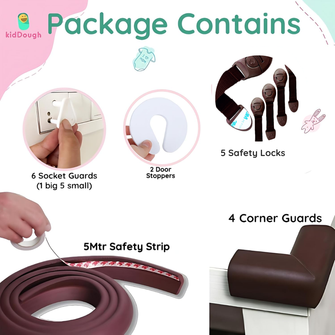Baby Proofing Kit with 5M Edge Protector, 4 Corner Guards, 6 Socket Guards, 2 Door Guards, 5 Safety Locks, Brown