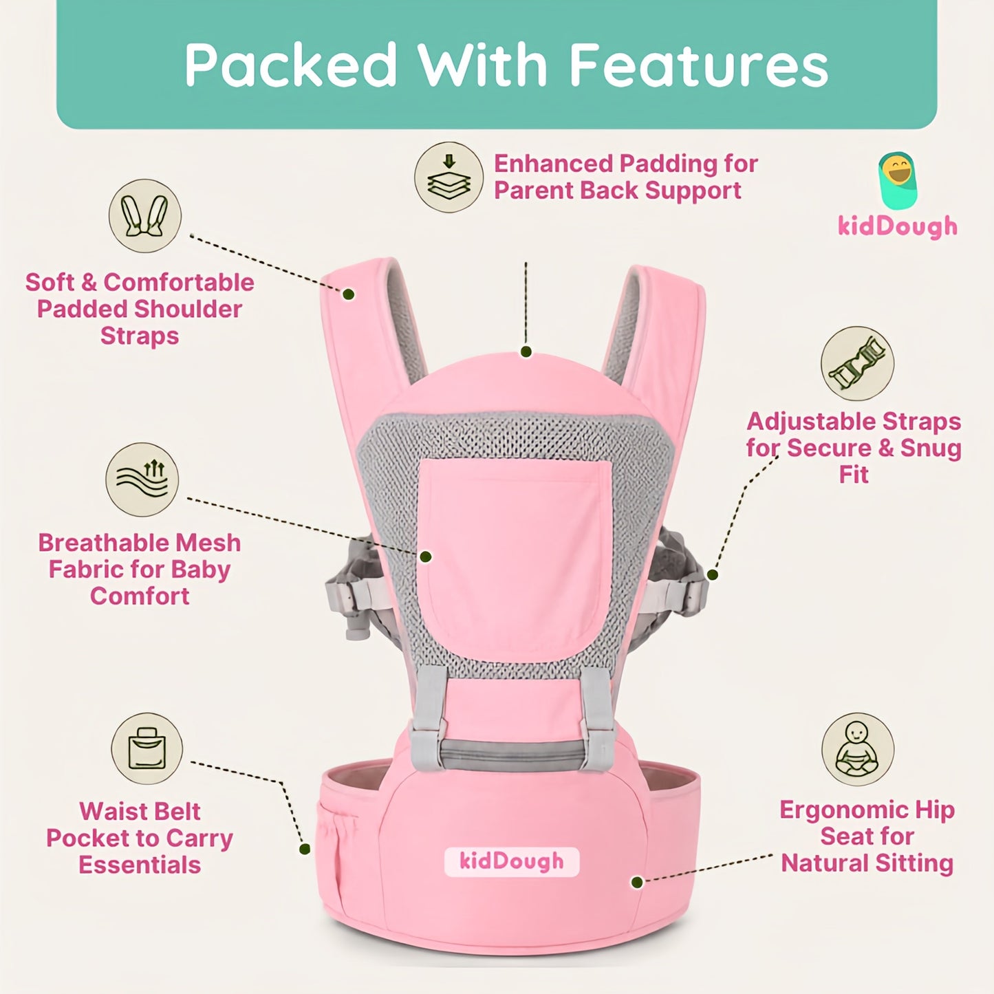 Kiddough Hip Seat Baby Carrier for 0 to 3 yrs with Adjustable Shoulder Straps | Breathable Mesh Fabric | Sling Baby Carrier with Storage Pockets | Adjustable New-Born to Toddler Carrier ( Pink)