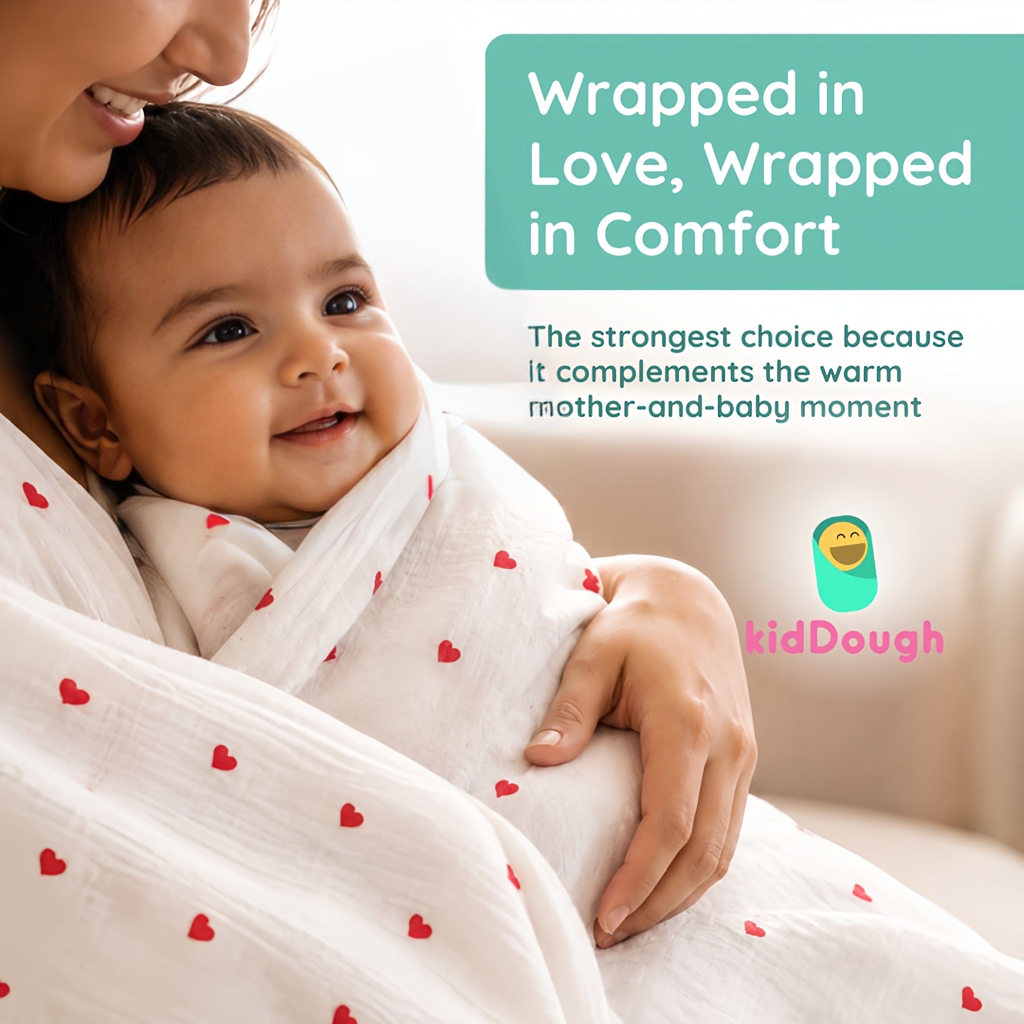 KidDough Ultra-Soft Muslin Baby Blanket for All Seasons – Soft, Breathable & Lightweight, Hearts Print, 105 × 105 cm, 0–2 Years