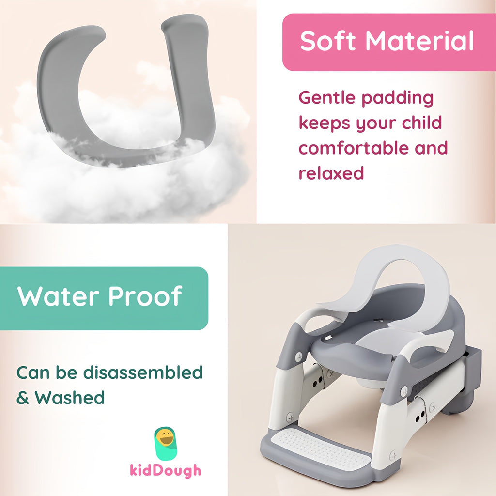 KidDough Potty Training Seat with Ladder, Splash Guard, Handle and Cushion Seat, Polypropylene, Grey, Modern Style, for Kids (Potty Seat 3in 1, Grey)
