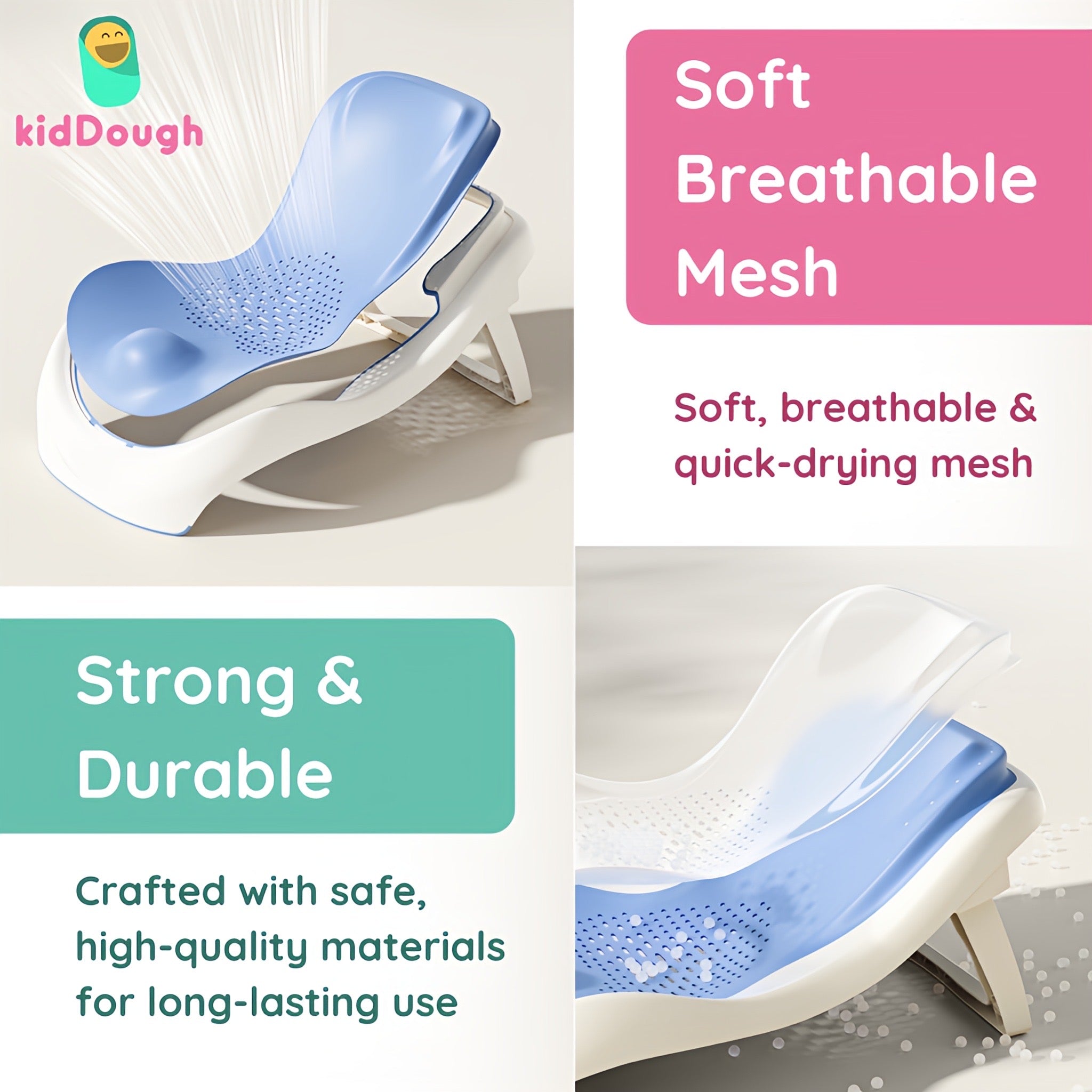 Kiddough Baby Bather, Non-Slip, Adjustable, Foldable, Durable (Blue)