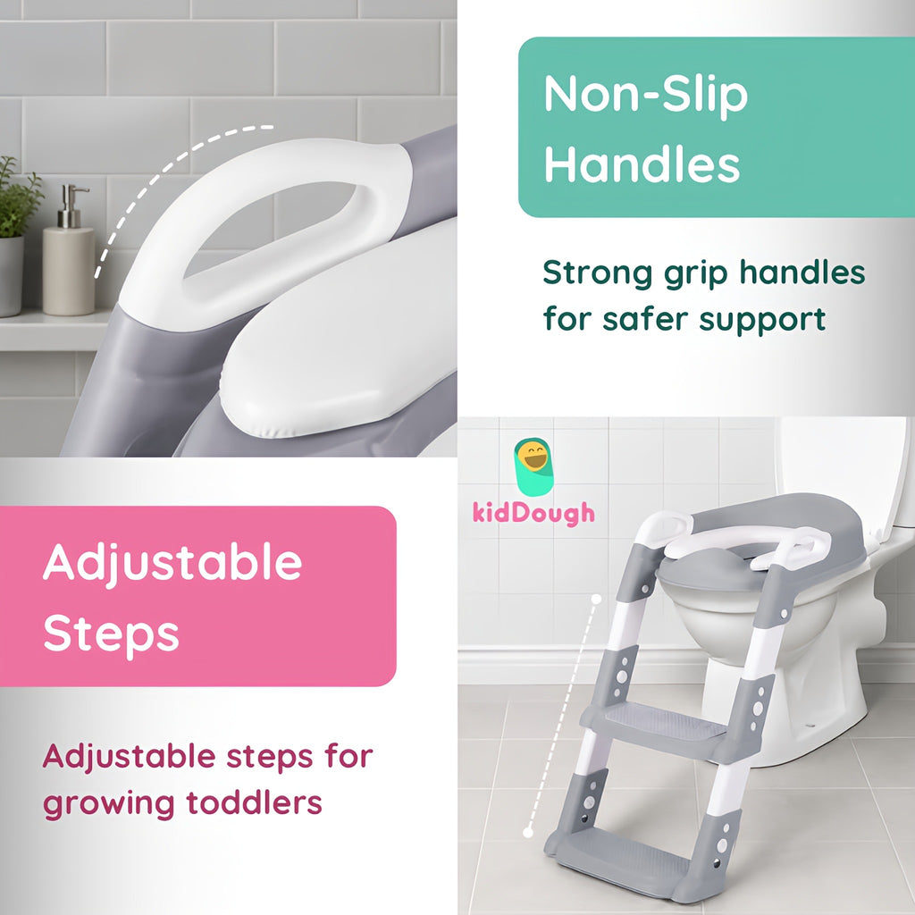 KidDough Potty Training Seat with Ladder, Splash Guard, Handle and Cushion Seat, Polypropylene, Grey, Modern Style, for Kids (Potty Seat with Ladder, Grey)