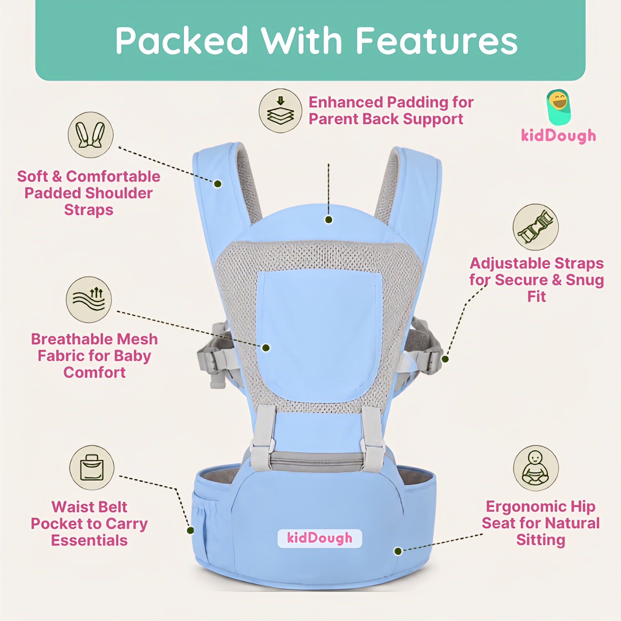 Kiddough Hip Seat Baby Carrier for 0 to 3 yrs with Adjustable Shoulder Straps | Breathable Mesh Fabric | Sling Baby Carrier with Storage Pockets | Adjustable New-Born to Toddler Carrier (Blue)