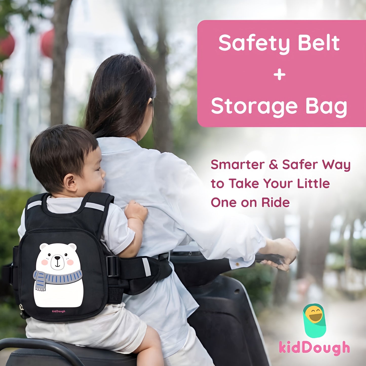 KidDough Baby Safety Belt for Two Wheeler Bike/Scooty | Harness Safety Belt for Kids Safety | Strong Buckles with Adjustable Straps and Double Stiching for Extra Safety (With Storage (Black))