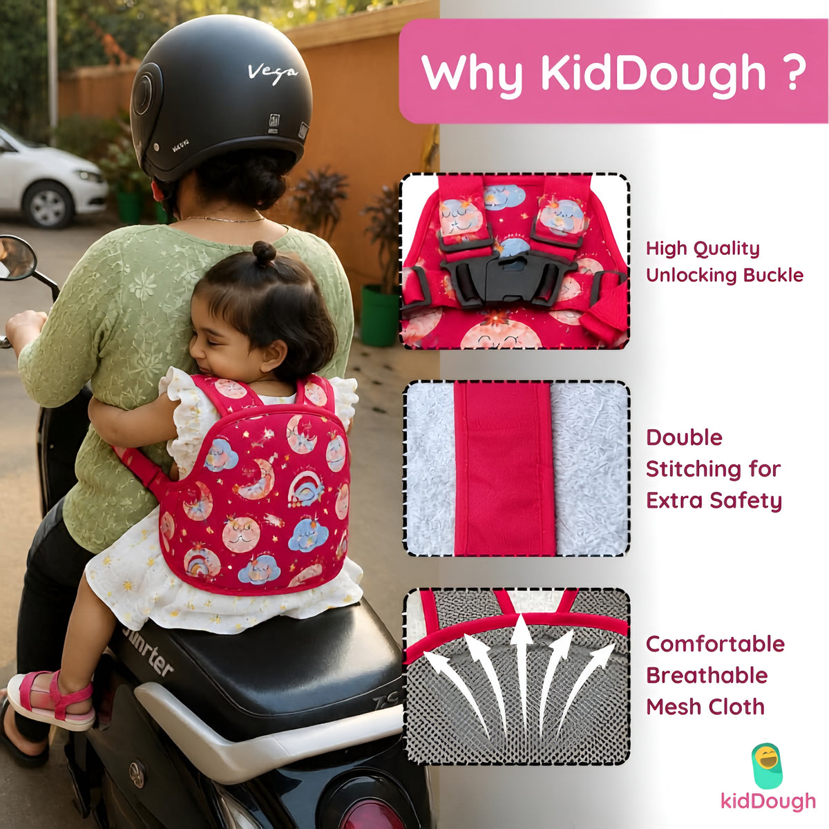 Kiddough Baby Safety Belt for Kids | Two Wheeler Bike/Scooty Belt for Kids Safety, Child Harness Safety Belt with Adjustable Baby Carrier for Toddlers & Baby (Printed Red)