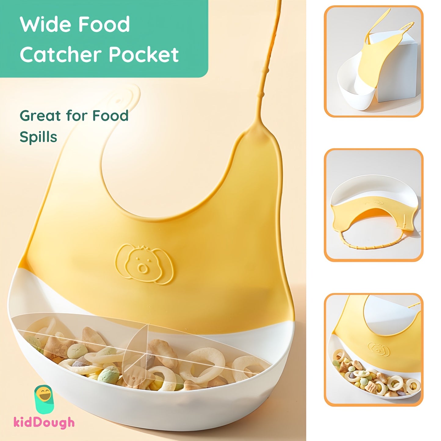 KidDough Silicone Baby Bib for Feeding & Weaning Babies & Toddlers | Waterproof, Washable & Reusable | Easy Cleaning, Lightweight, Adjustable Neckline with Buttons, Mess-Free Bib