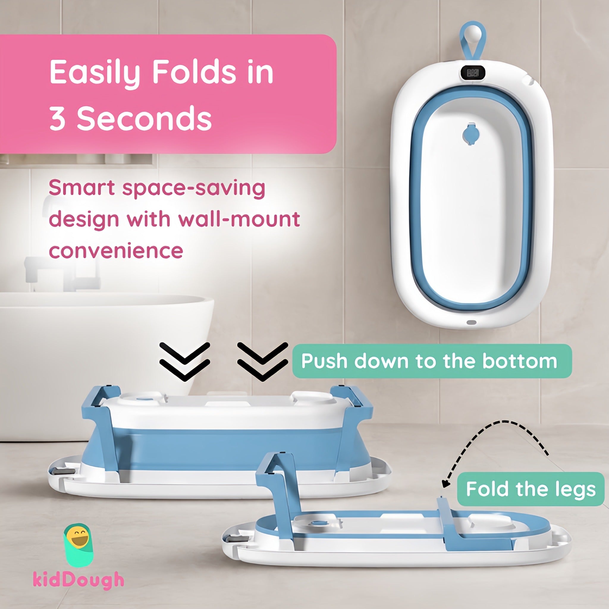 Kiddough Baby Bathtub, Foldable, Non Slip, Durable, Easy to Store and Use with Cushion (Blue (without Cushion))