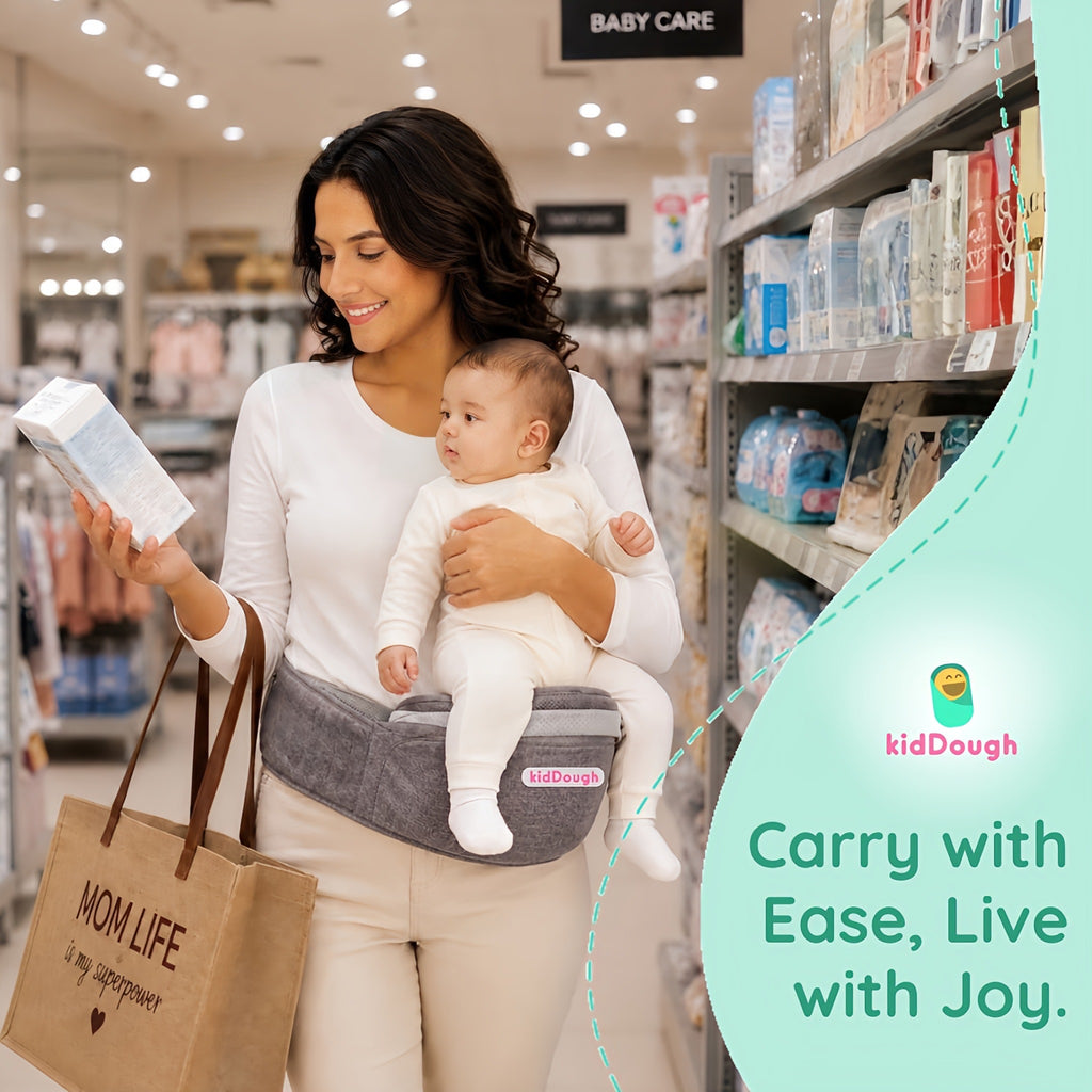 Kiddough Hip Seat Baby Carrier for 0 to 3 yrs with Adjustable Shoulder Straps | Breathable Mesh Fabric | Sling Baby Carrier with Storage Pockets | Adjustable New-Born to Toddler Carrier (Grey)