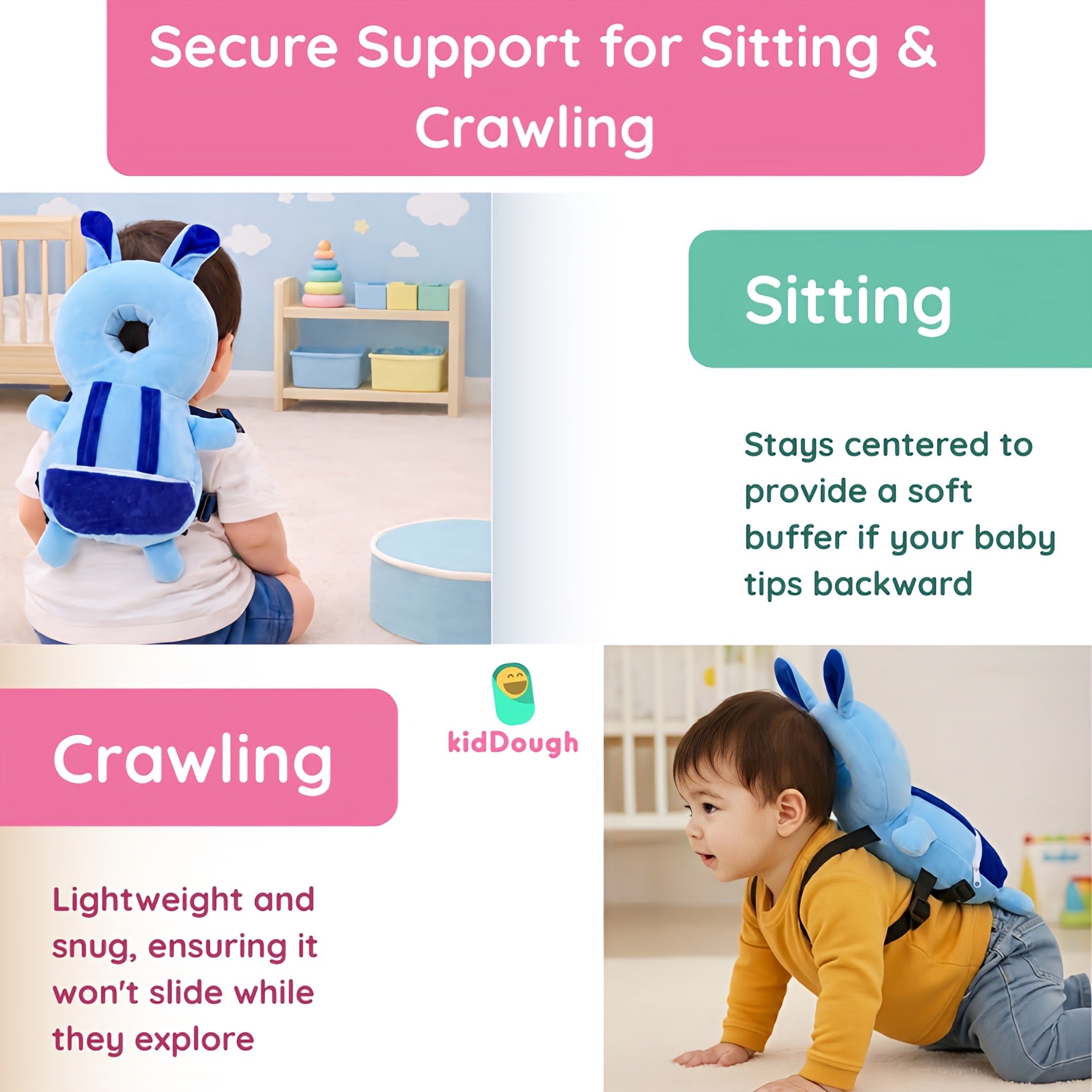KidDough Rabbit Shape Head Protector, Cushioned Backpack for Babies | 6 Months - 36 Months | Lightweight (Blue Rabbit)