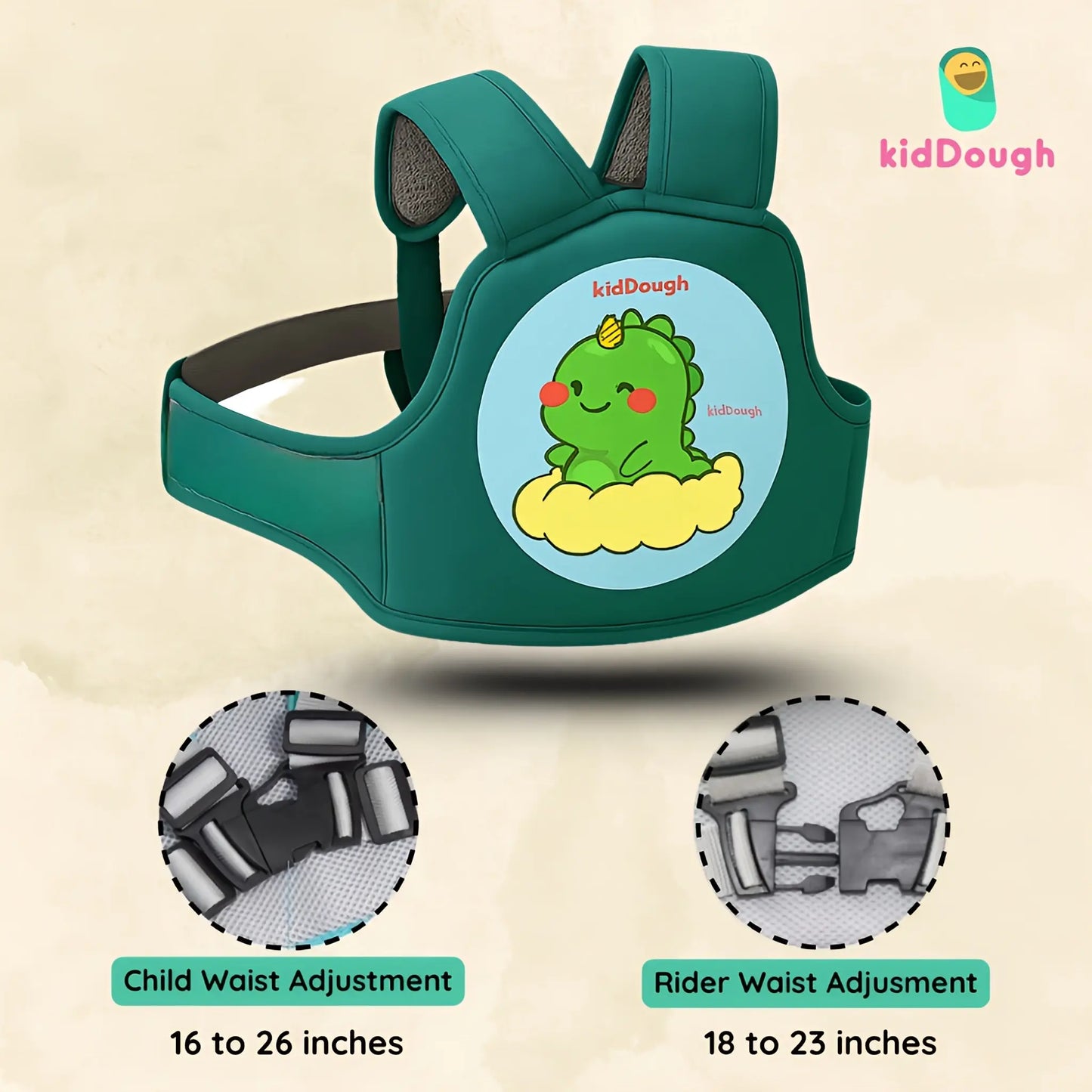 Kiddough Baby Safety Belt for Kids | Two Wheeler Bike/Scooty Belt for Kids Safety, Child Harness Safety Belt with Adjustable Baby Carrier for Toddlers & Baby (Cartoon Green)