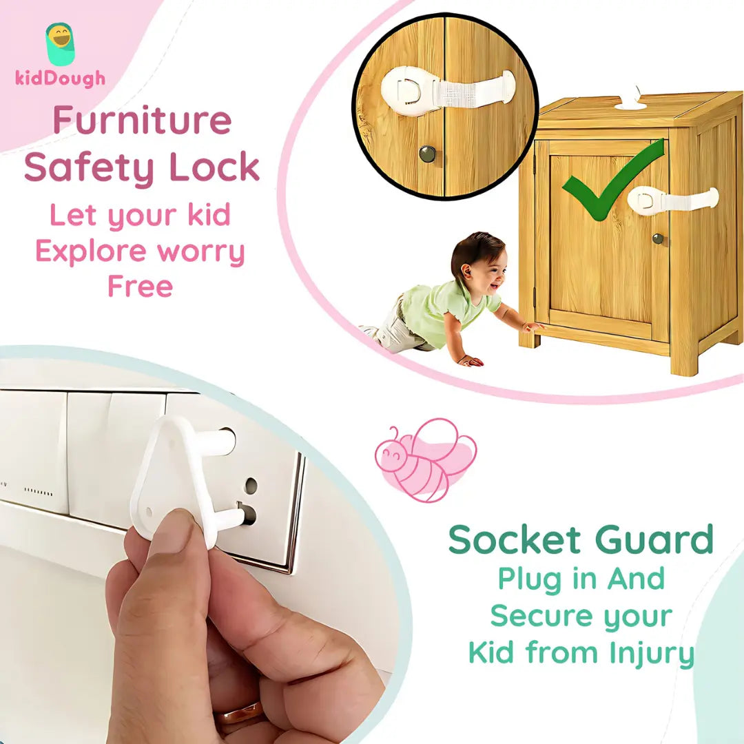 Kiddough Baby Proofing Kit with 2M Edge Protector, 5 Safety Locks, 6 Socket Guards, 2 Door Guards, Wooden
