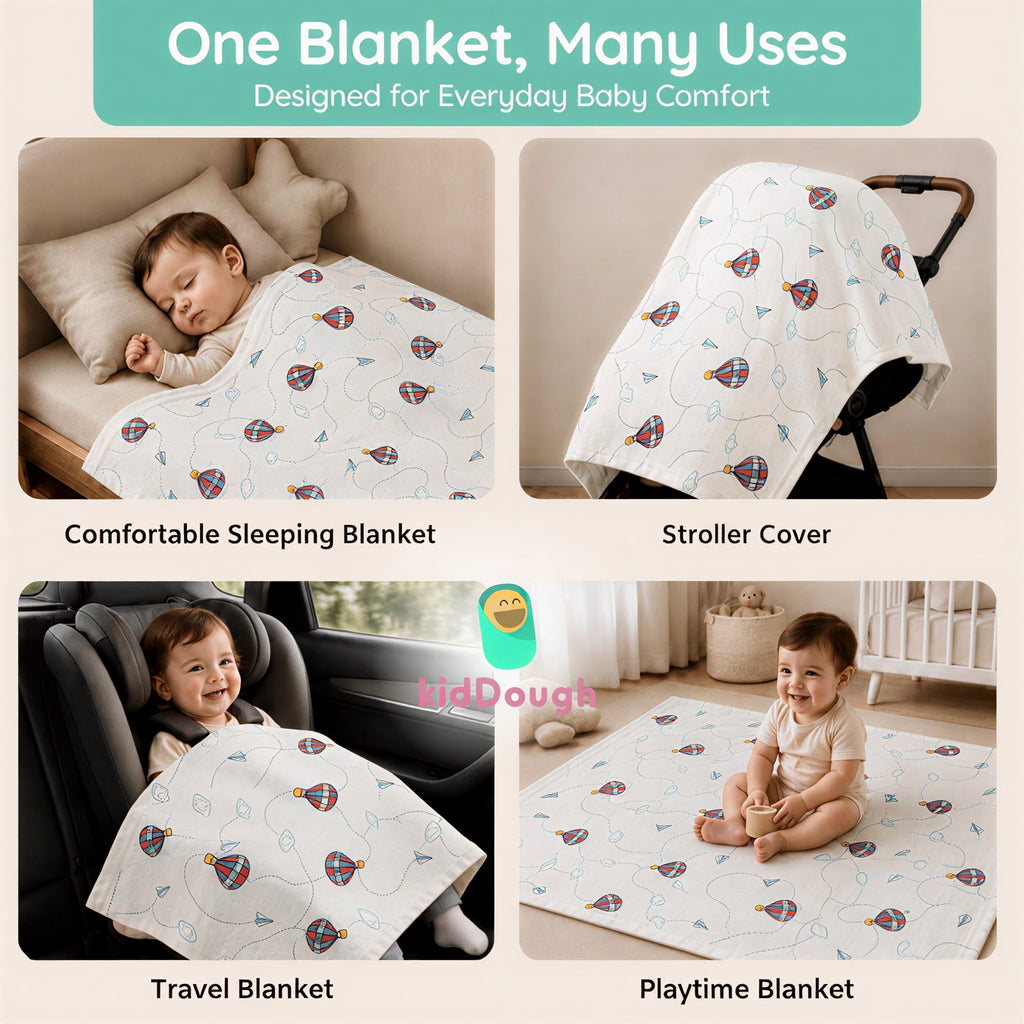 KidDough 100% Cotton Muslin Baby Blanket – Hot Air Balloon Print, 105 × 105 cm