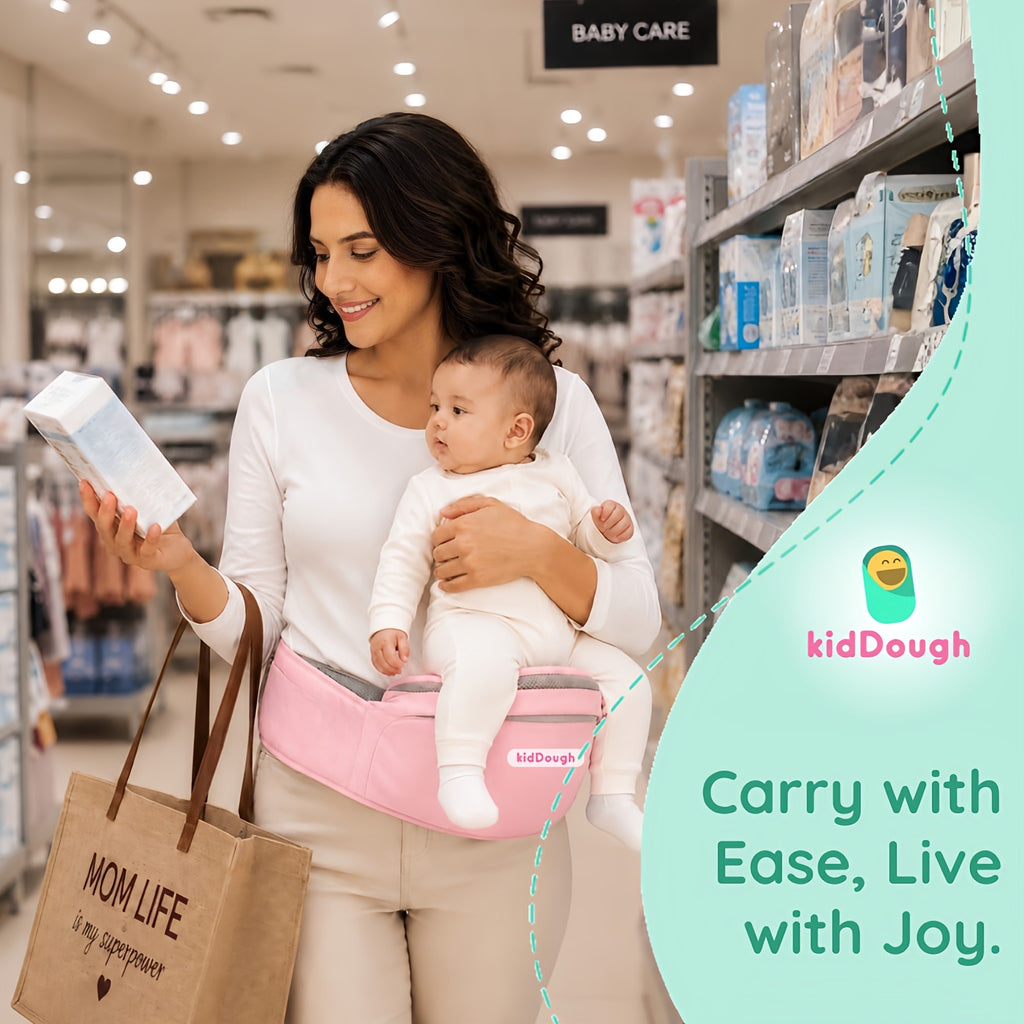 Kiddough Hip Seat Baby Carrier for 0 to 3 yrs with Adjustable Shoulder Straps | Breathable Mesh Fabric | Sling Baby Carrier with Storage Pockets | Adjustable New-Born to Toddler Carrier ( Pink)