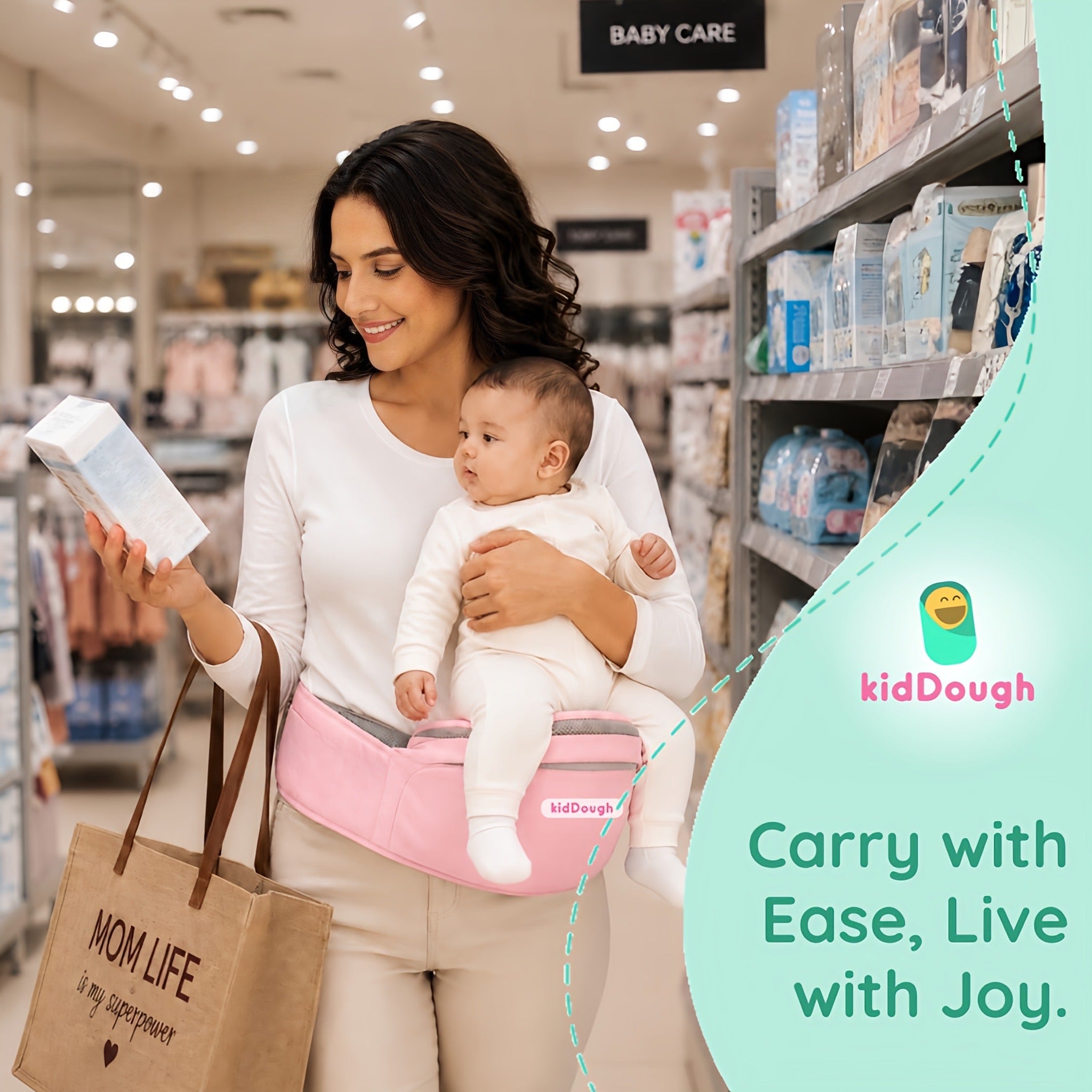 Kiddough Hip Seat Baby Carrier for 0 to 3 yrs with Adjustable Shoulder Straps | Breathable Mesh Fabric | Sling Baby Carrier with Storage Pockets | Adjustable New-Born to Toddler Carrier ( Pink)
