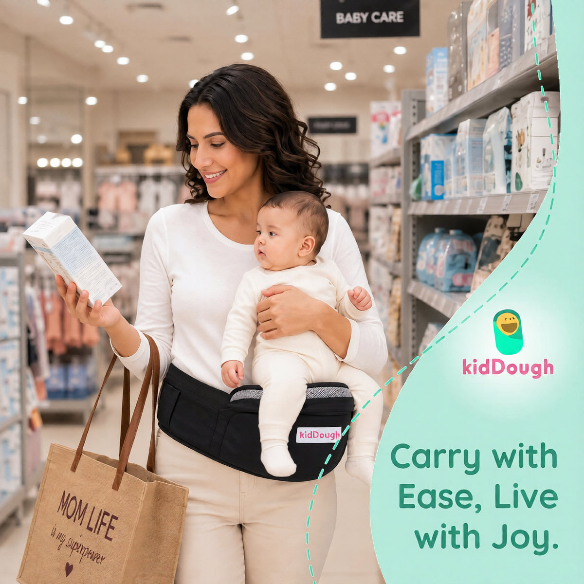 Kiddough Hip Seat Baby Carrier for 0 to 3 yrs with Adjustable Shoulder Straps | Breathable Mesh Fabric | Sling Baby Carrier with Storage Pockets | Adjustable New-Born to Toddler Carrier (Black)