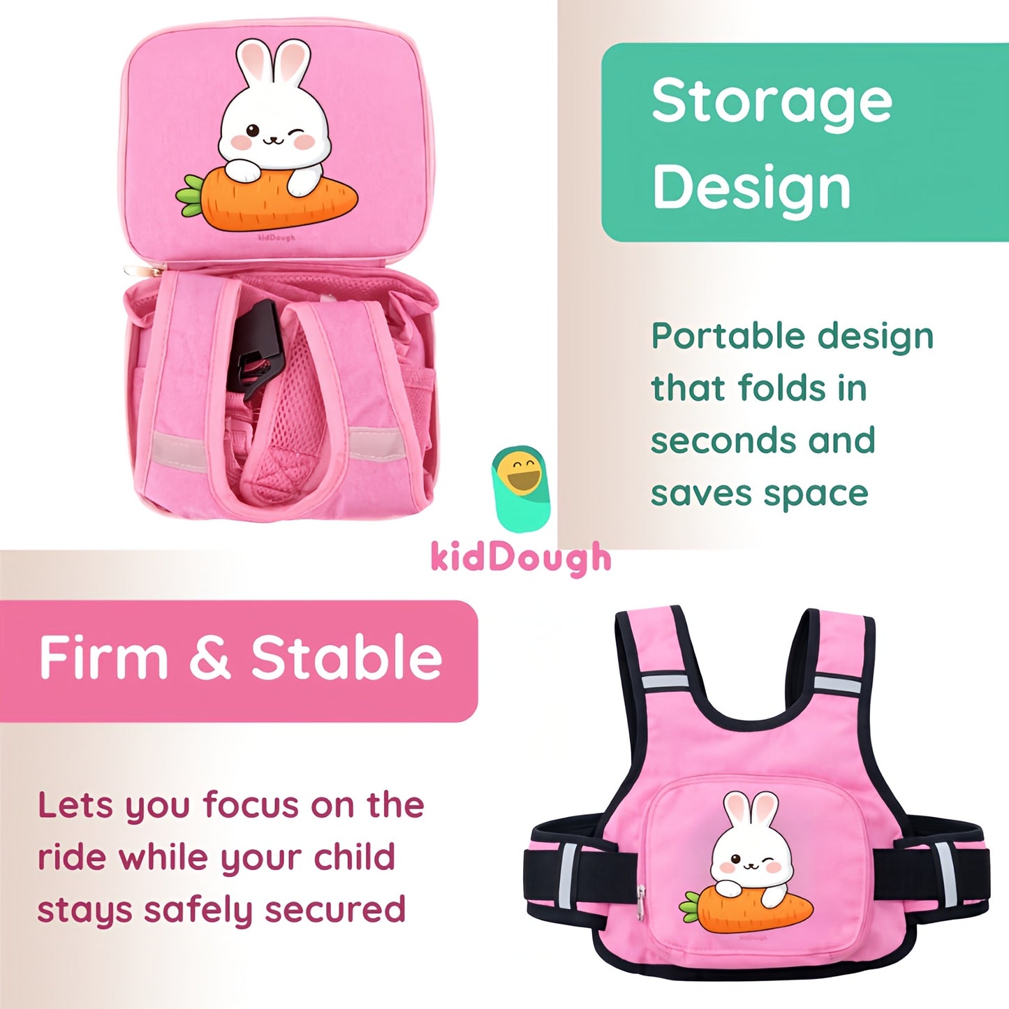 KidDough Baby Safety Belt for Two Wheeler Bike/Scooty | Harness Safety Belt for Kids Safety | Strong Buckles with Adjustable Straps and Double Stiching for Extra Safety (With Storage (Pink))