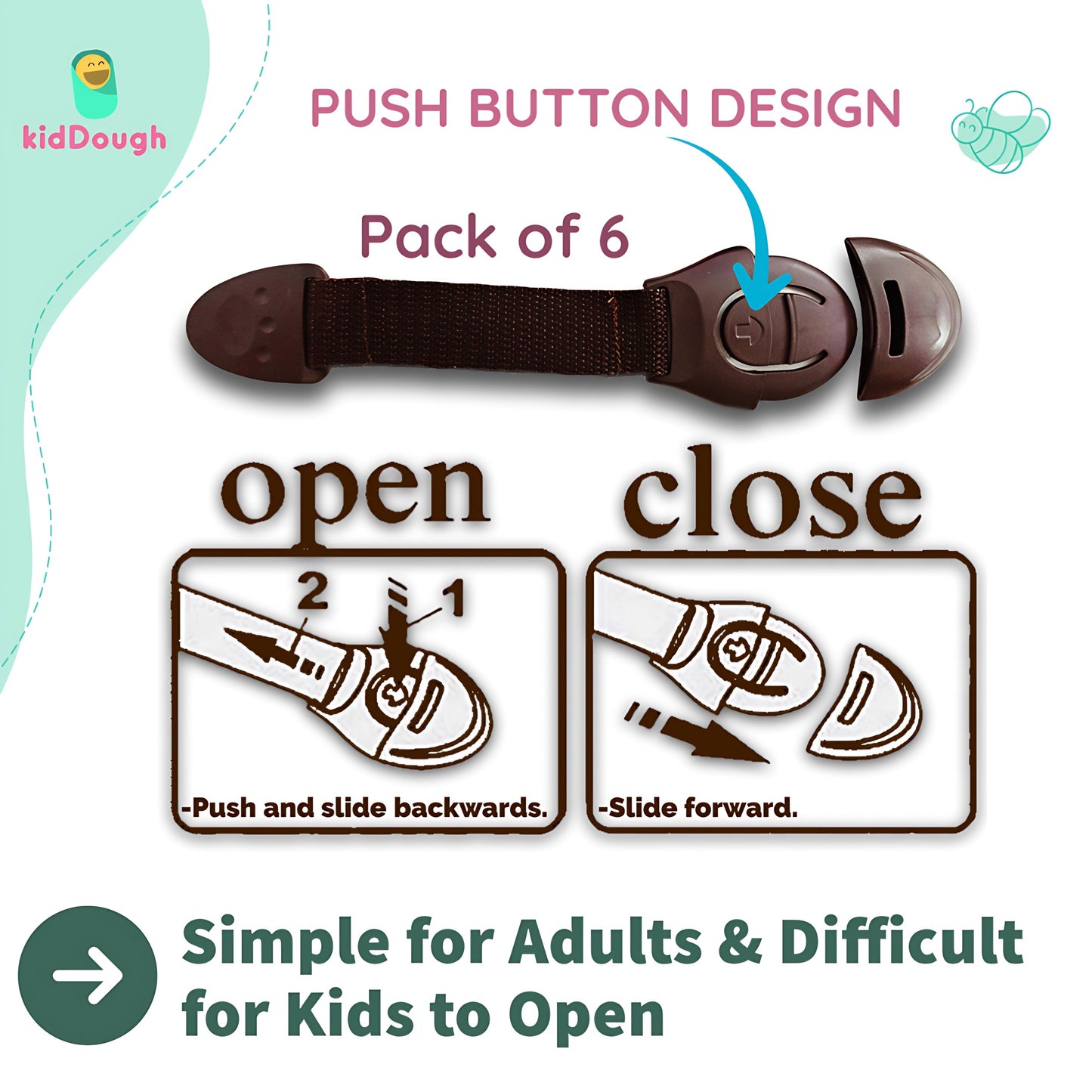 Kiddough Furniture Safety Locks for Kids - Pack of 6, Brown