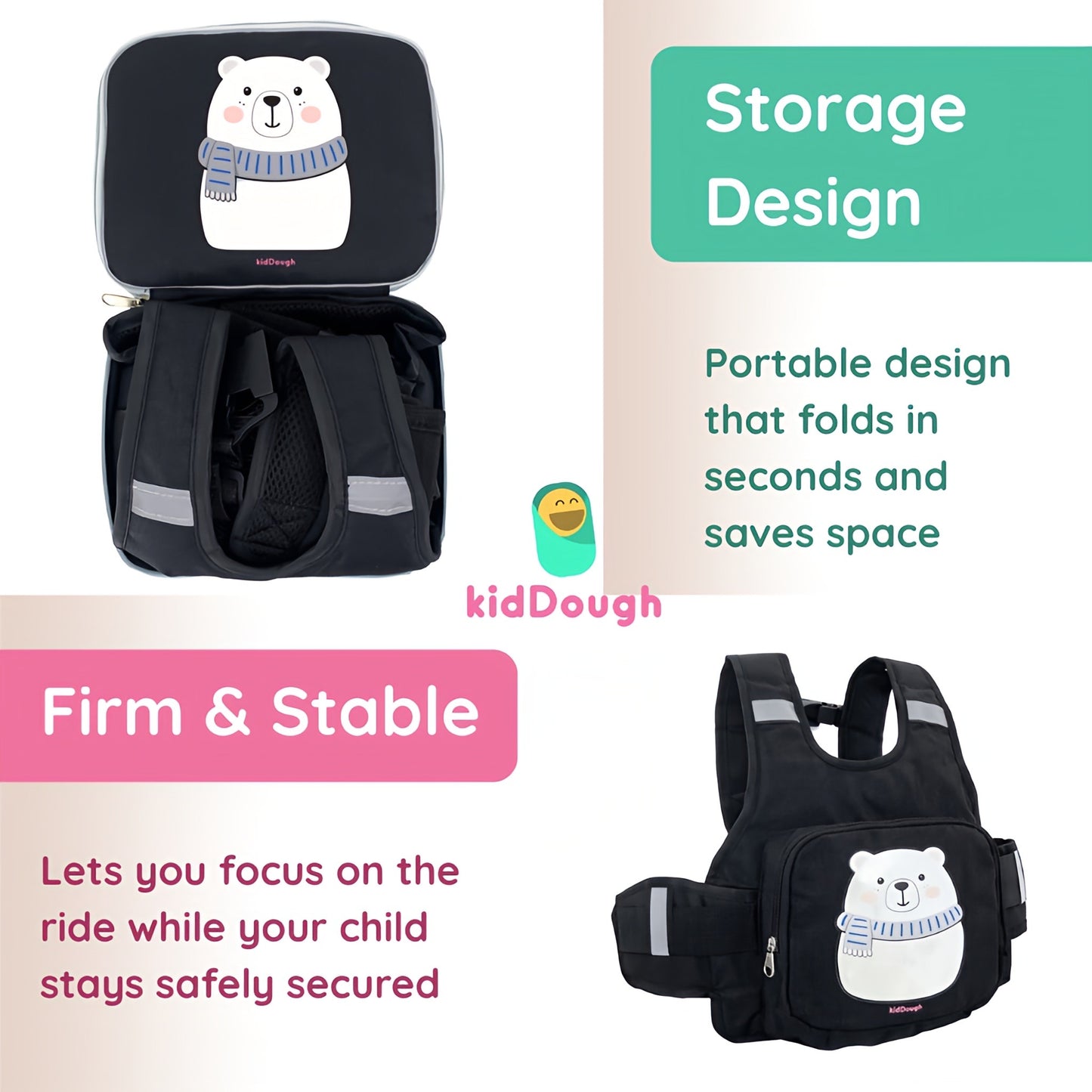 KidDough Baby Safety Belt for Two Wheeler Bike/Scooty | Harness Safety Belt for Kids Safety | Strong Buckles with Adjustable Straps and Double Stiching for Extra Safety (With Storage (Black))