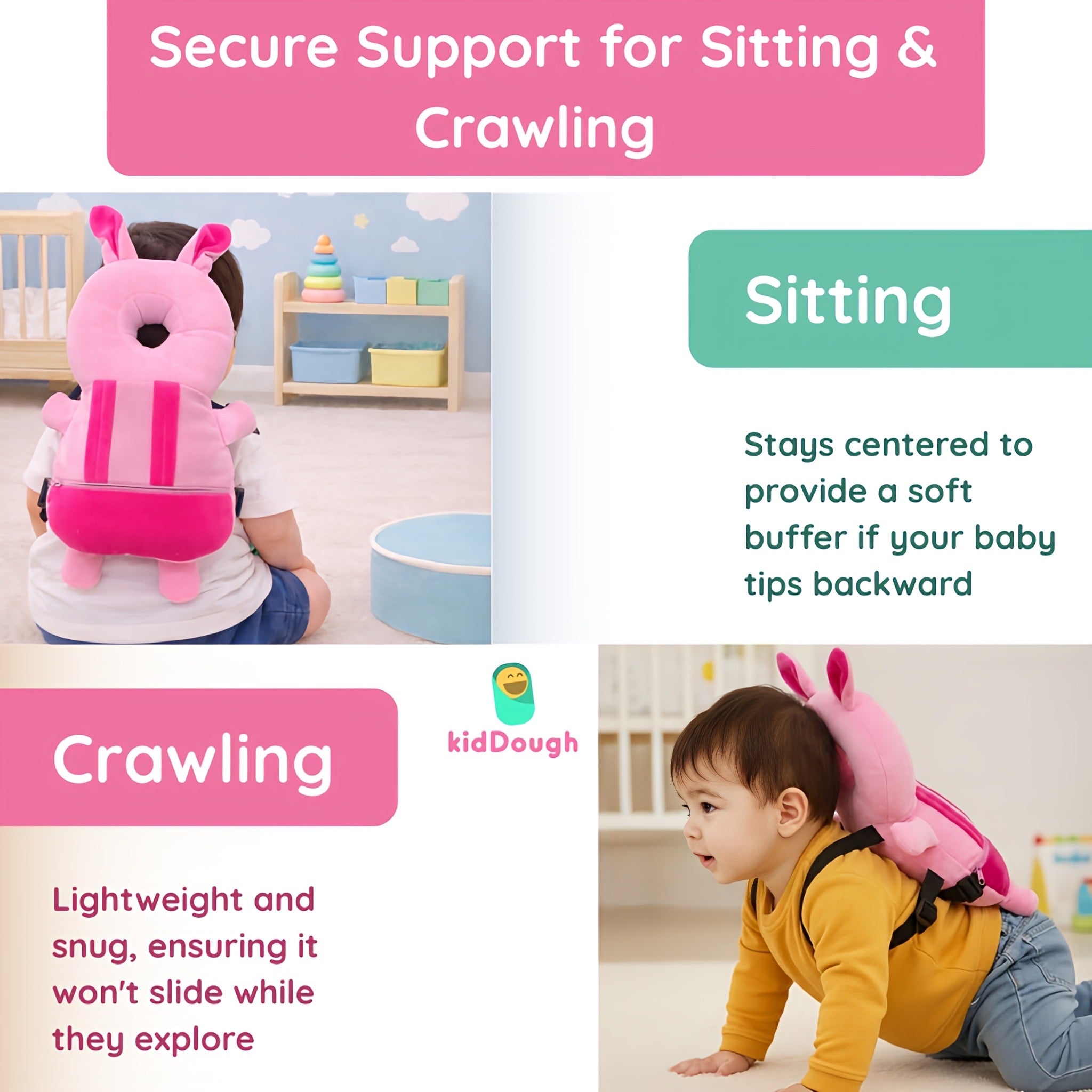 KidDough Rabbit Shape Head Protector, Cushioned Backpack for Babies | 6 Months - 36 Months | Lightweight (Pink Rabbit)