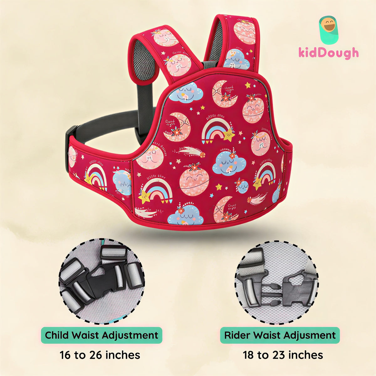 Kiddough Baby Safety Belt for Kids | Two Wheeler Bike/Scooty Belt for Kids Safety, Child Harness Safety Belt with Adjustable Baby Carrier for Toddlers & Baby (Printed Red)