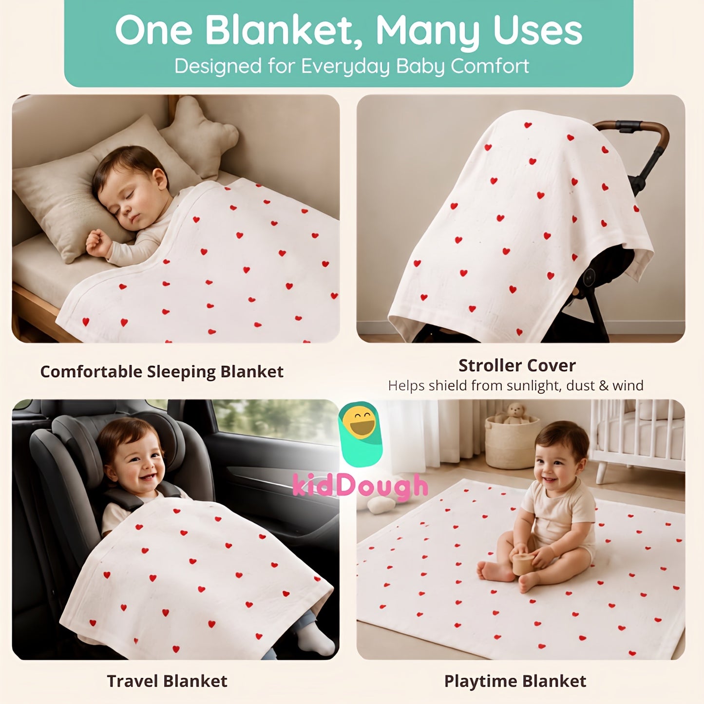 KidDough Ultra-Soft Muslin Baby Blanket for All Seasons – Soft, Breathable & Lightweight, Hearts Print, 105 × 105 cm, 0–2 Years