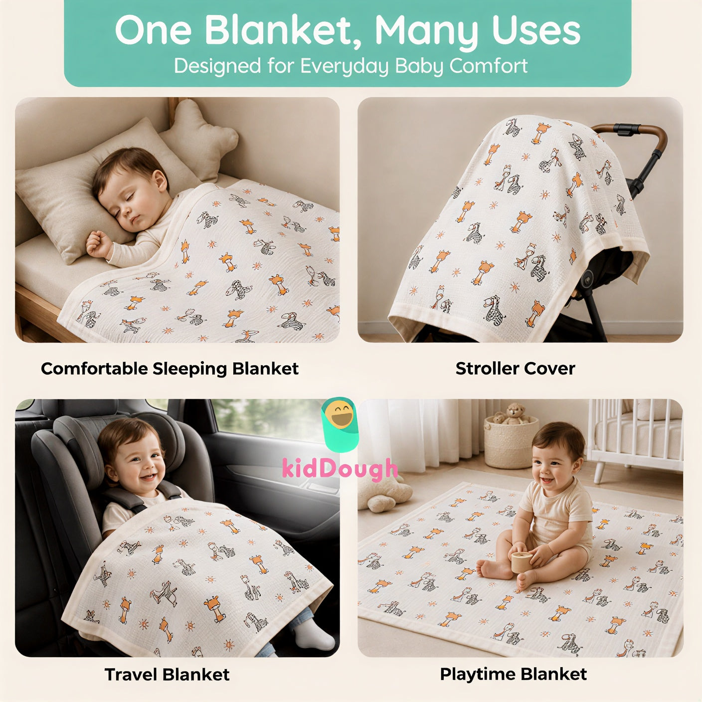 KidDough Ultra-Soft Muslin Baby Blanket for All-Seasons | Soft, Breathable, Lightweight Baby Quilt, Receiving Blanket, Bath Towel, Stroller Cover | 105x105cm for 0-2 Years (Giraffe)