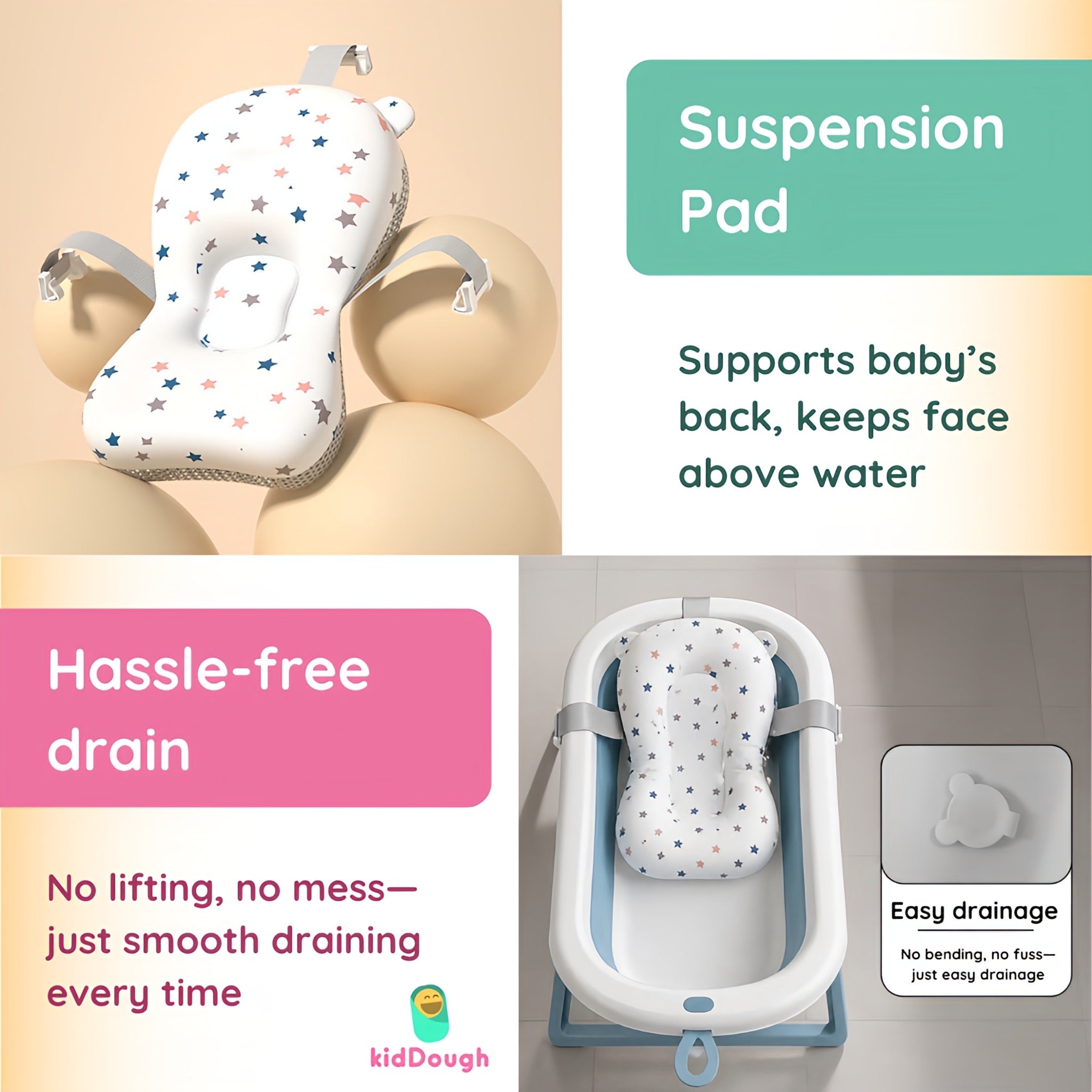 Kiddough Baby Bathtub, Foldable, Non Slip, Durable, Easy to Store and Use with Cushion (Blue (with Cushion))