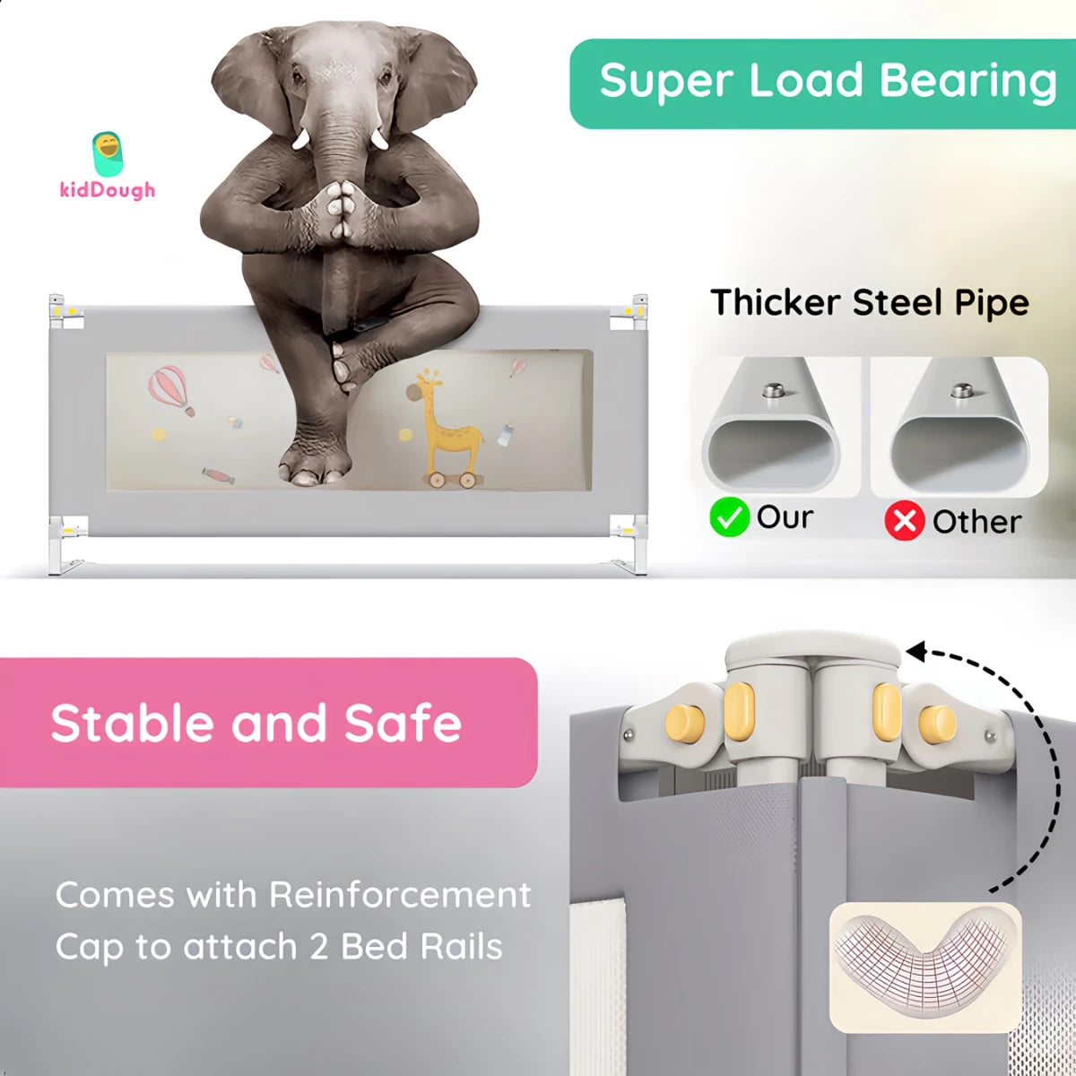 Kiddough Bed Railing for Baby Safety (6.5ft*5ft*6.5ft, Three Sides, Grey)