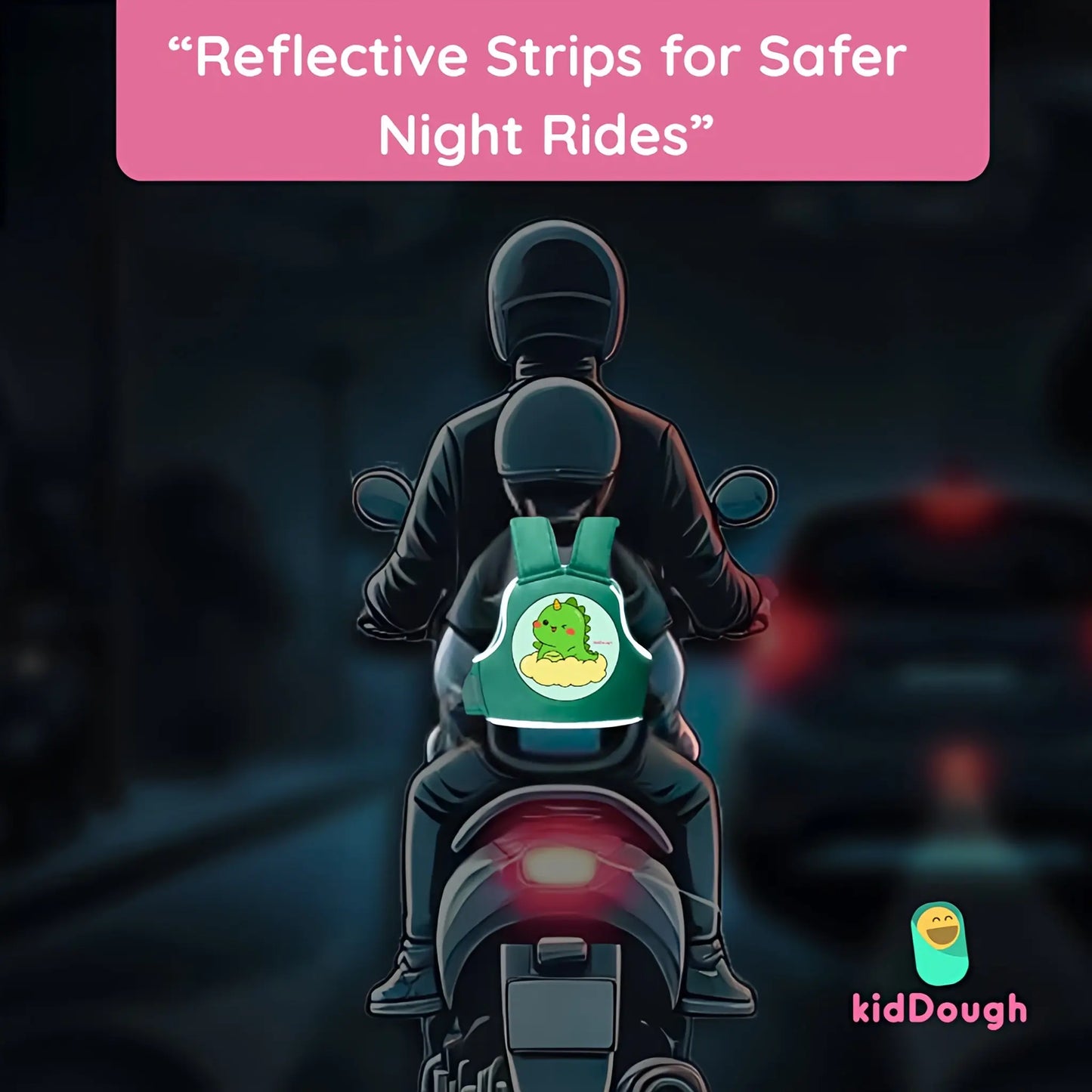 Kiddough Baby Safety Belt for Kids | Two Wheeler Bike/Scooty Belt for Kids Safety, Child Harness Safety Belt with Adjustable Baby Carrier for Toddlers & Baby (Cartoon Green)