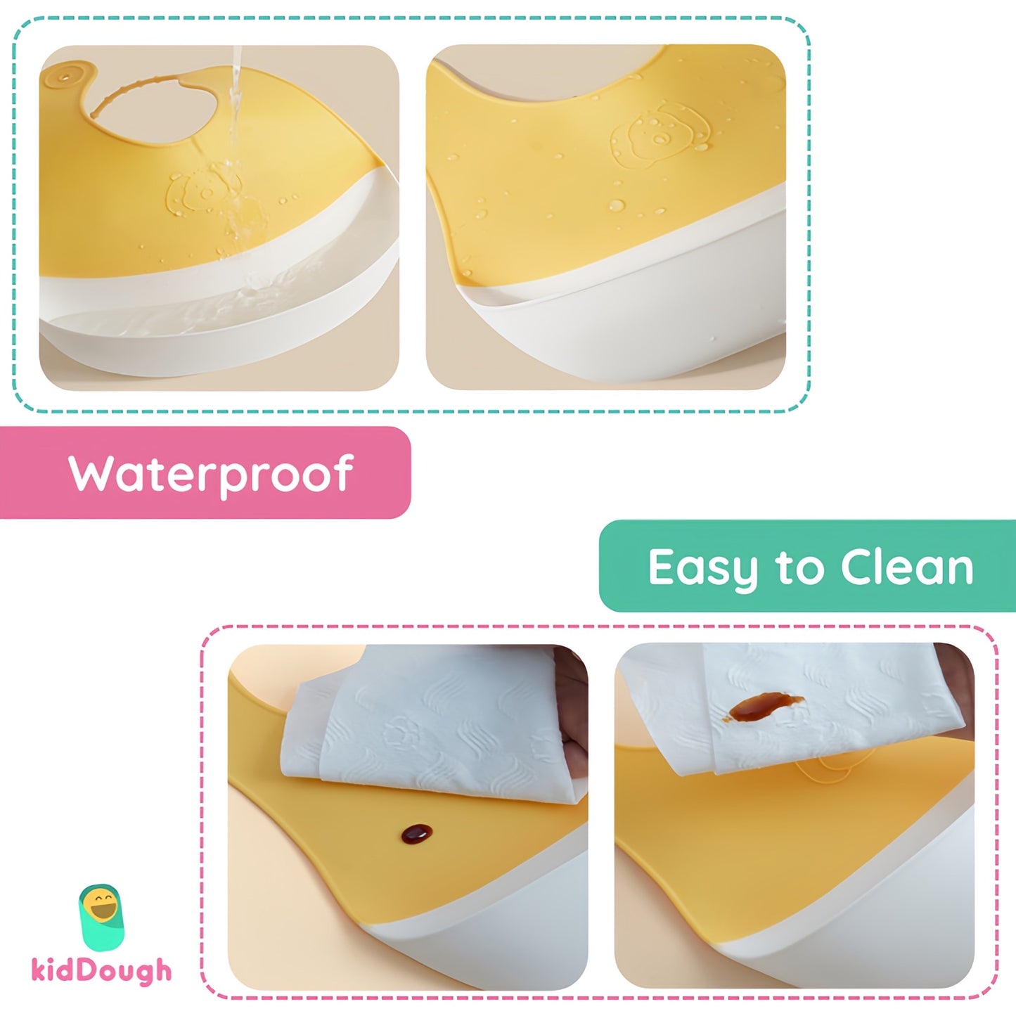 KidDough Silicone Baby Bib for Feeding & Weaning Babies & Toddlers | Waterproof, Washable & Reusable | Easy Cleaning, Lightweight, Adjustable Neckline with Buttons, Mess-Free Bib