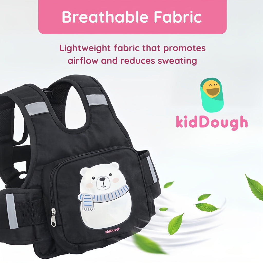 KidDough Baby Safety Belt for Two Wheeler Bike/Scooty | Harness Safety Belt for Kids Safety | Strong Buckles with Adjustable Straps and Double Stiching for Extra Safety (With Storage (Black))
