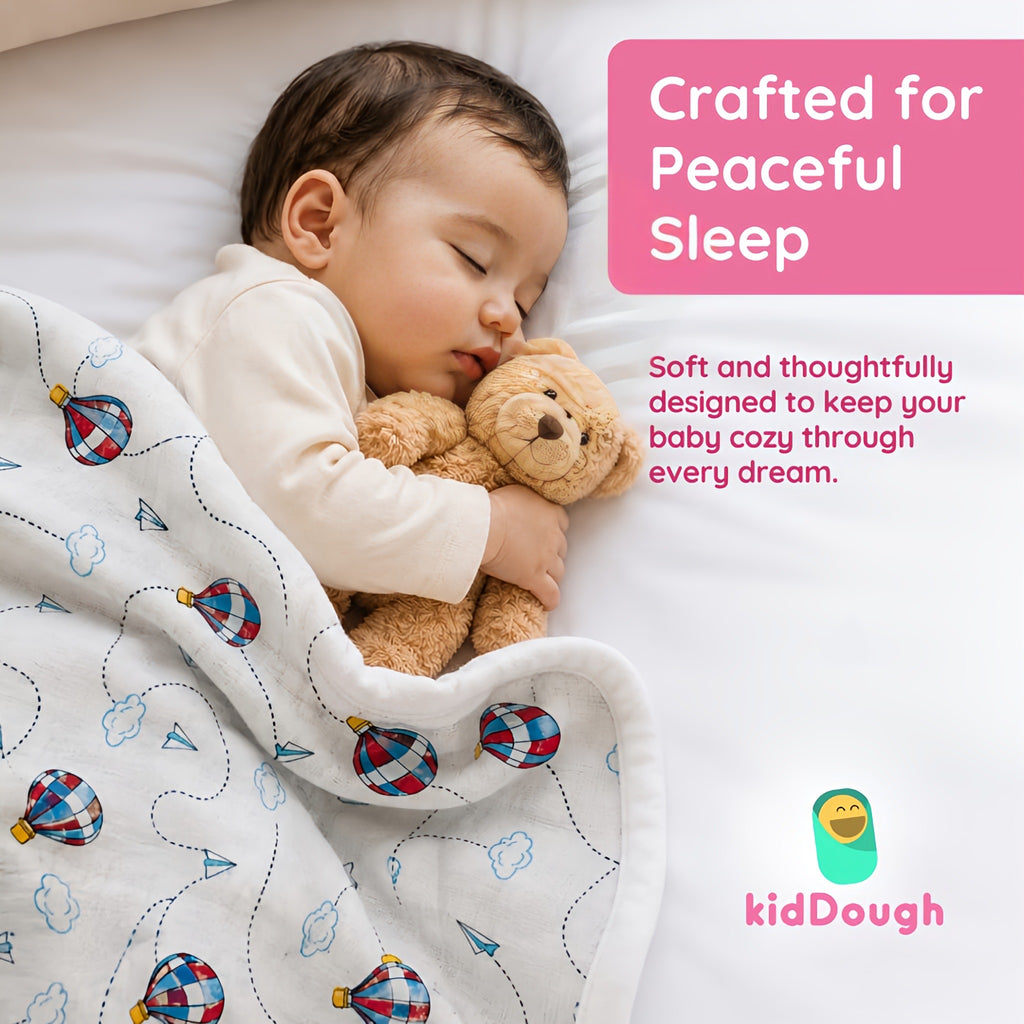 KidDough 100% Cotton Muslin Baby Blanket – Hot Air Balloon Print, 105 × 105 cm