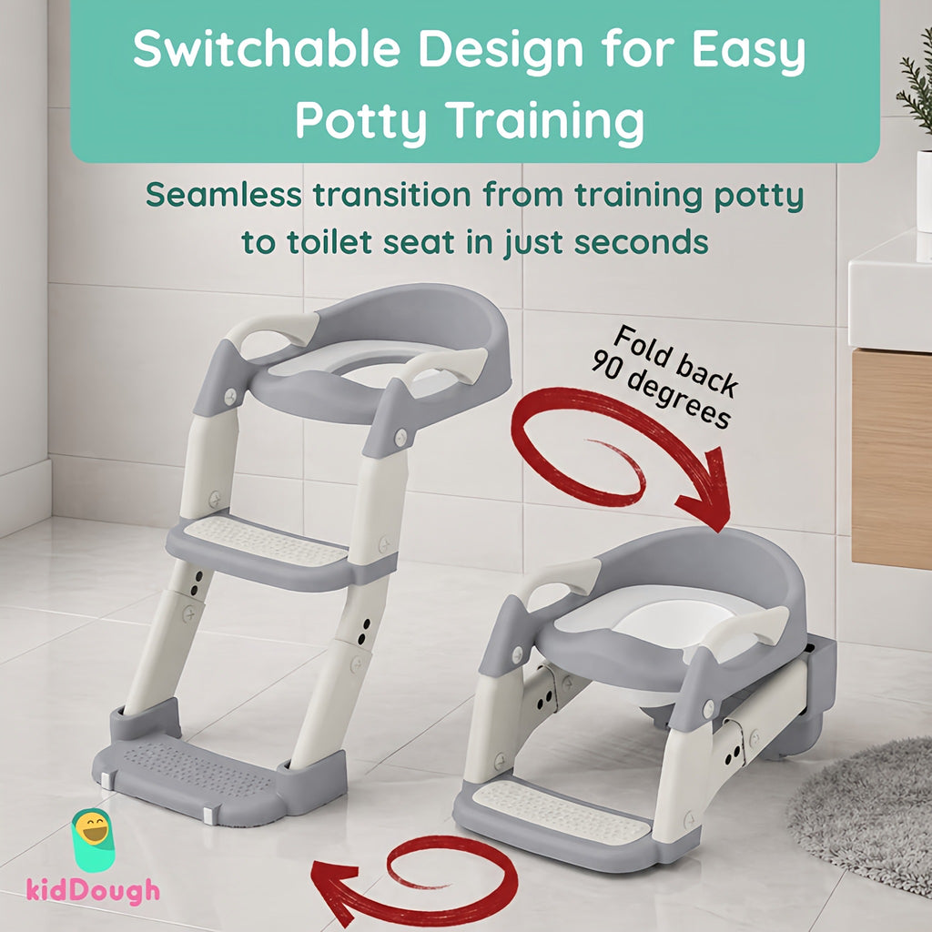 KidDough Potty Training Seat with Ladder, Splash Guard, Handle and Cushion Seat, Polypropylene, Grey, Modern Style, for Kids (Potty Seat 3in 1, Grey)