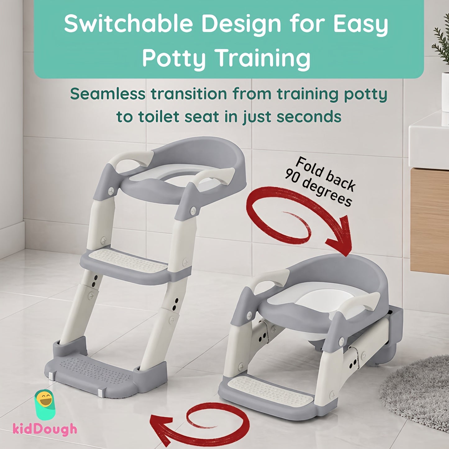 KidDough Potty Training Seat with Ladder, Splash Guard, Handle and Cushion Seat, Polypropylene, Grey, Modern Style, for Kids (Potty Seat 3in 1, Grey)