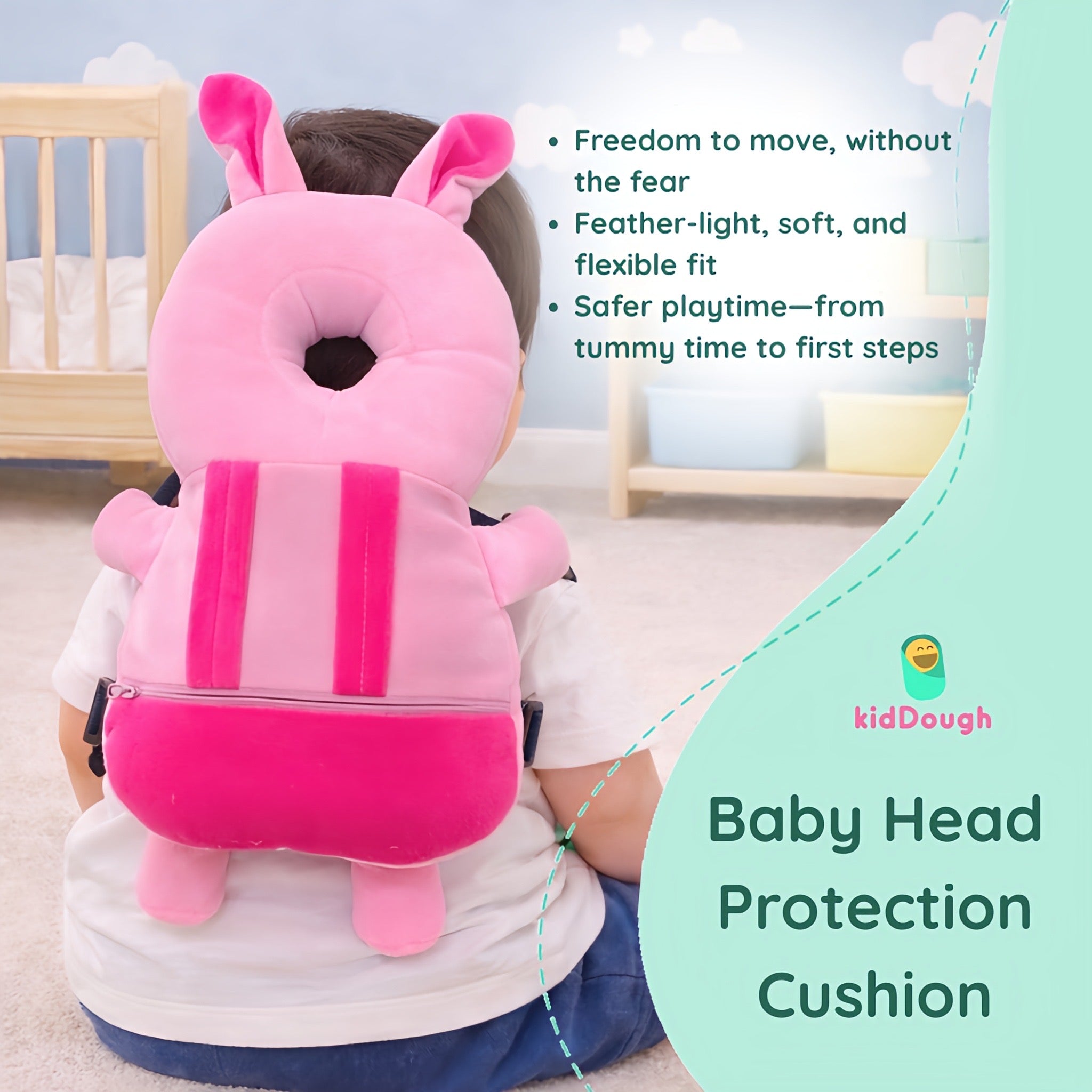 KidDough Rabbit Shape Head Protector, Cushioned Backpack for Babies | 6 Months - 36 Months | Lightweight (Pink Rabbit)