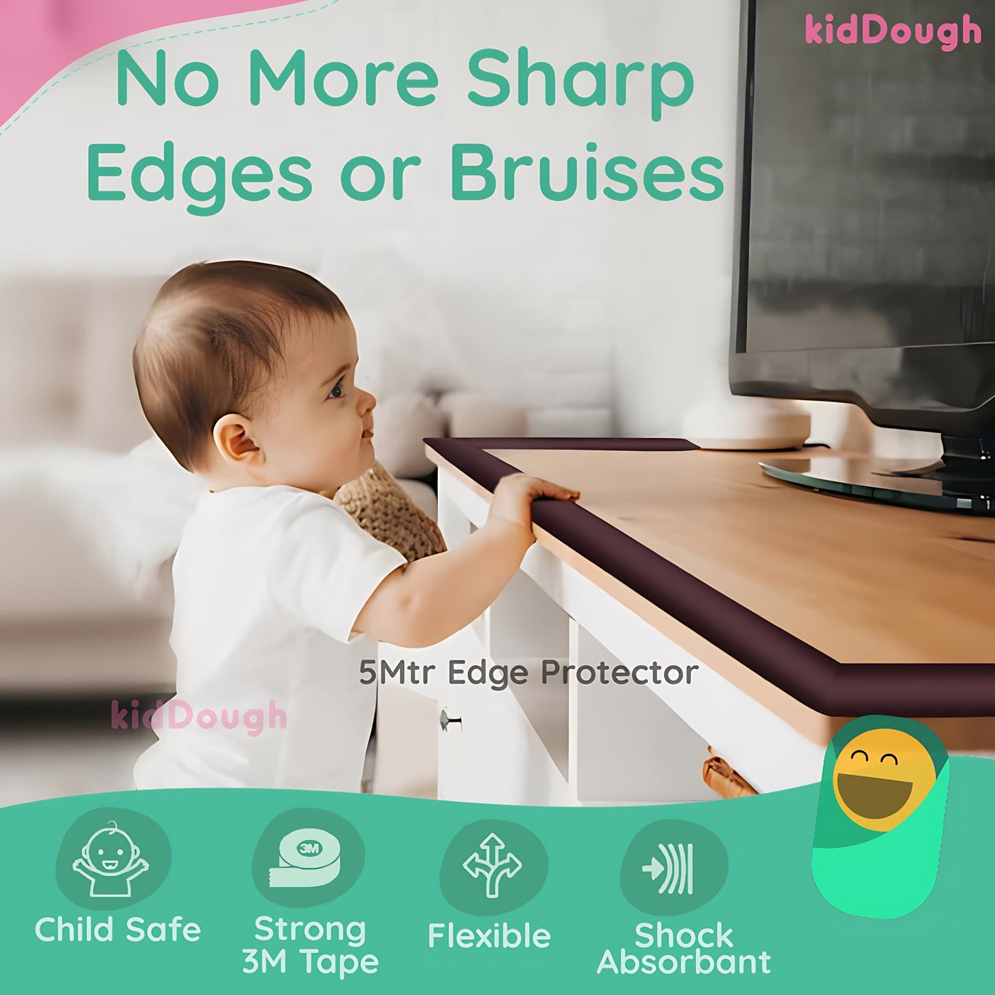 Kiddough Baby Proofing Safety Strip And Corner Guard (2 Mtrs Roll + 4 Guards, Brown)