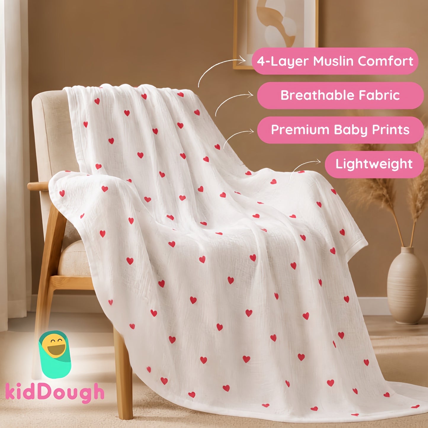 KidDough Ultra-Soft Muslin Baby Blanket for All Seasons – Soft, Breathable & Lightweight, Hearts Print, 105 × 105 cm, 0–2 Years