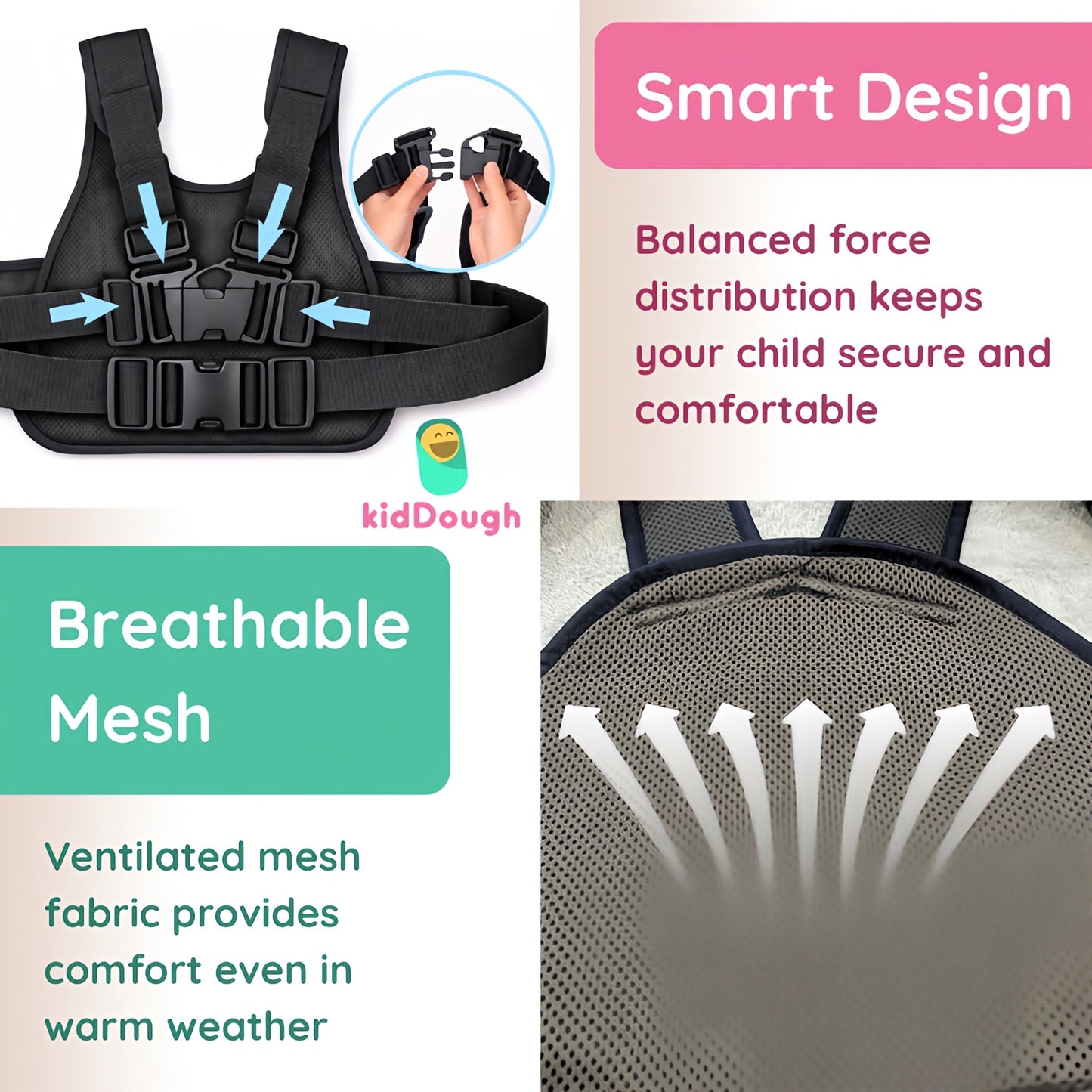 KidDough Baby Safety Belt for Two Wheeler Bike/Scooty | Harness Safety Belt for Kids Safety | Strong Buckles with Adjustable Straps and Double Stiching for Extra Safety (With Storage (Pink))