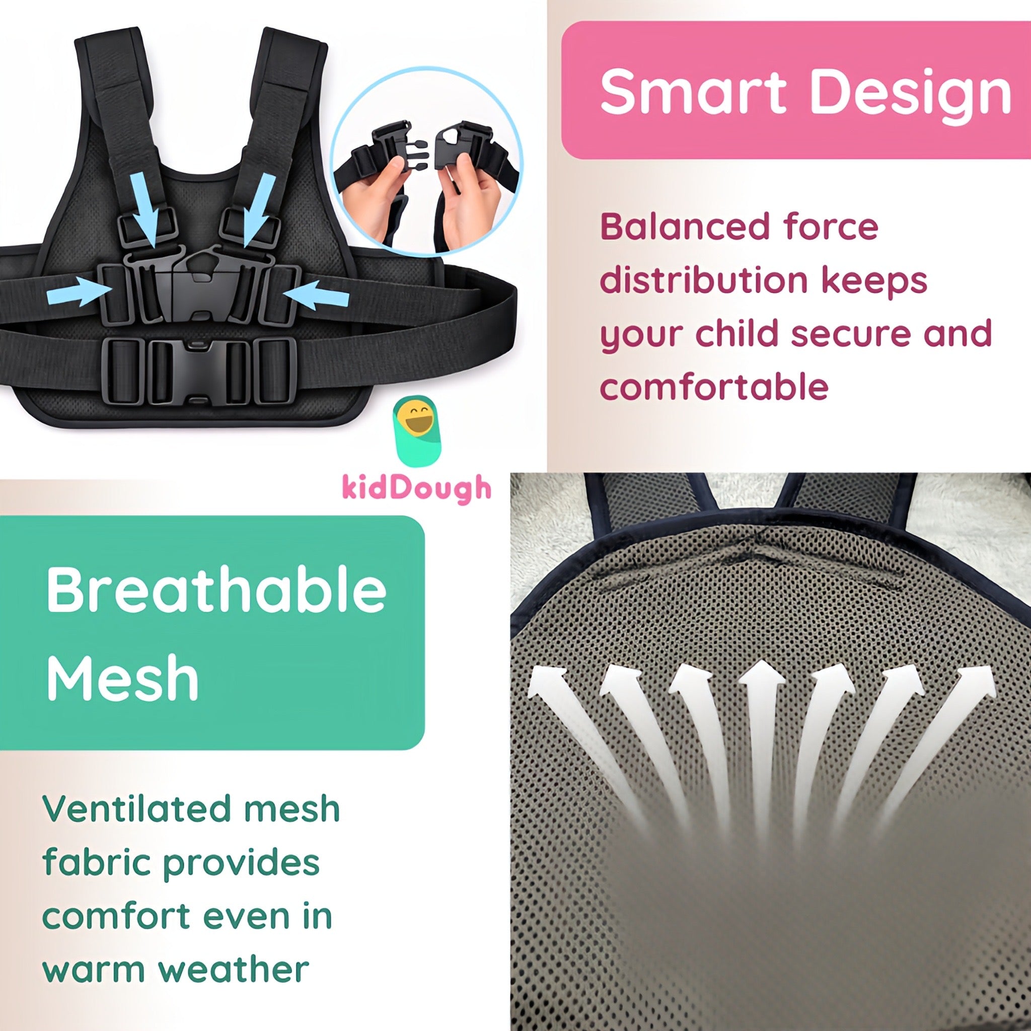 KidDough Baby Safety Belt for Two Wheeler Bike/Scooty | Harness Safety Belt for Kids Safety | Strong Buckles with Adjustable Straps and Double Stiching for Extra Safety (With Storage (Pink))